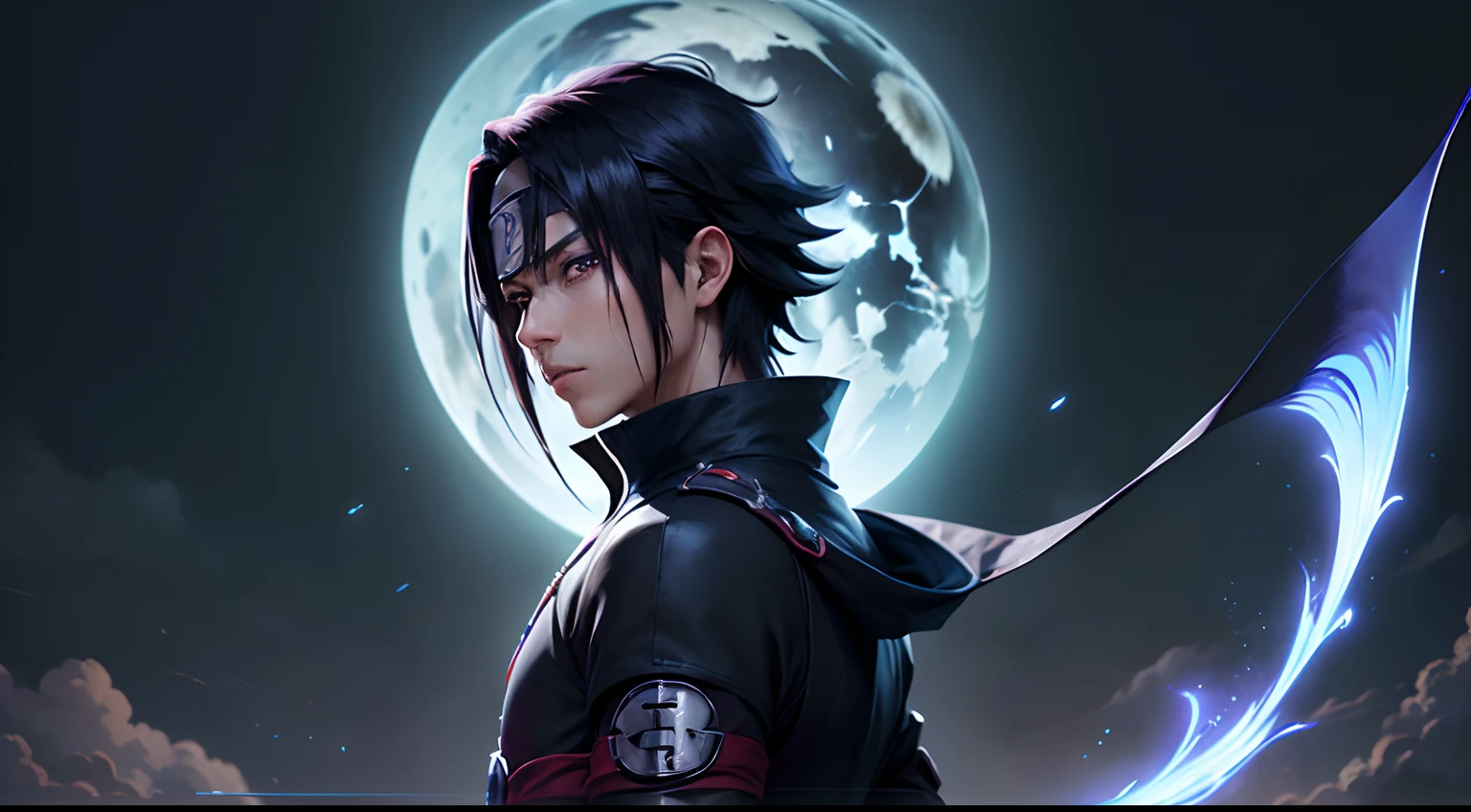 Haz un banner de sasuke uchiha solo mirando al ffrente con cielo oscuro 4k anime con un sharingang en el ojo derecho