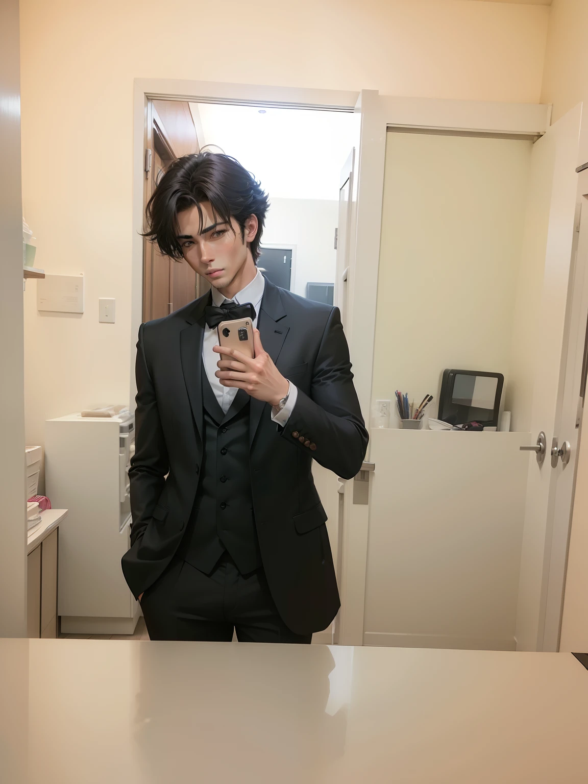 (masterpiece, best quality),1boy, solo, anime, handsome, black suit not vest, selfie smart phone