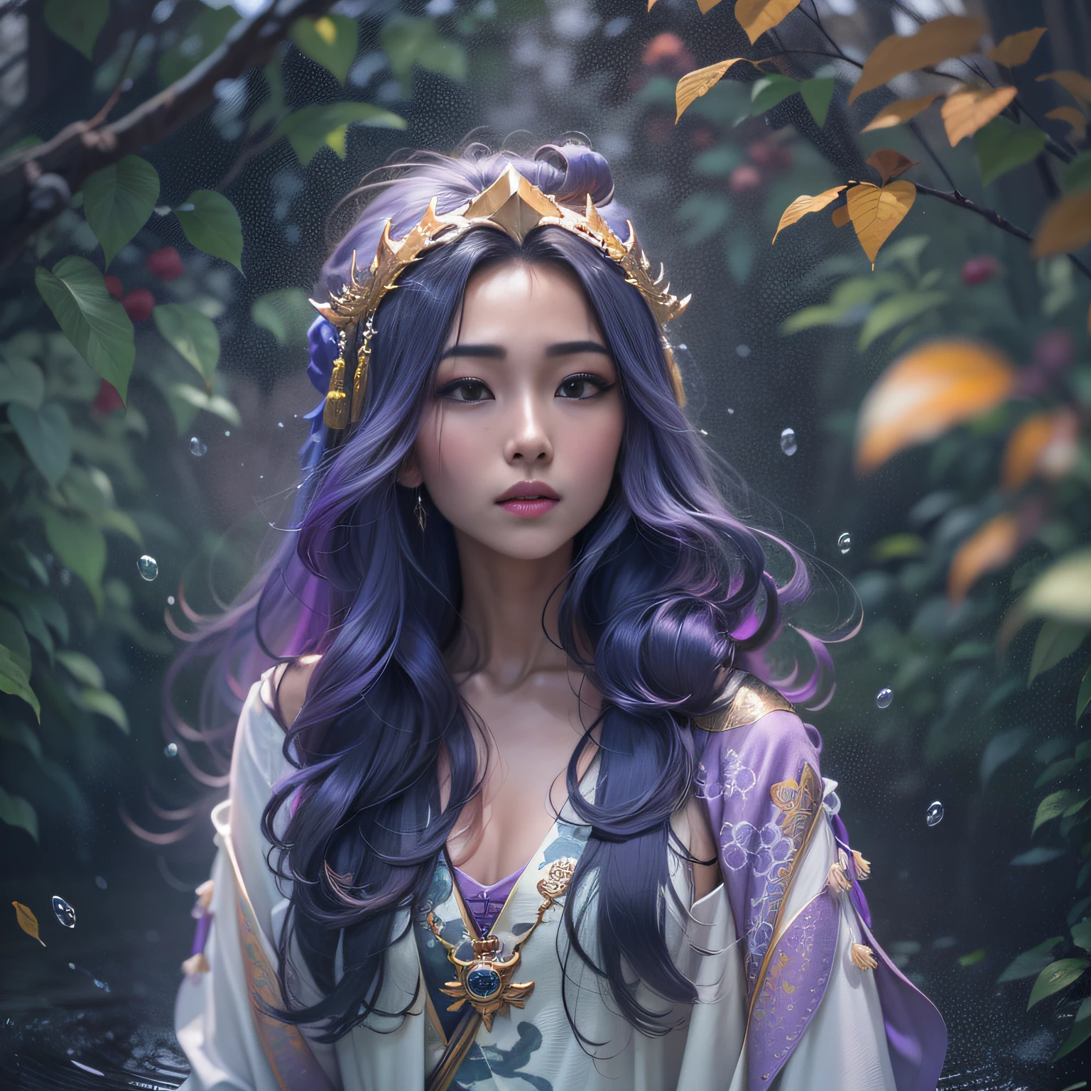 Portrait photo of transparent camouflage wearing princess suit，（（Light bokeh）），复杂，（（semi transparent）Liquid water [Rust]），ellegance，Clear focus，Photo by Greg Rutkowski，gentlesoftlighting，Bright color，tmasterpiece，（（Streets） )), Detailed flowing bright purple long hair，Autumn Pond，zydink， a color， Asian people （Girl silk scarf）， Combat posture， looking at the ground， long whitr hair， Floating bright purple， Fire cloud pattern gold skull headdress， Chinese long-sleeved gold silk garment， （abstract ink splash：1.2）， white backgrounid，Lotus protector（realisticlying：1.4），Bright purple hair，Smoke on the road，The background is pure，Side squats， A high resolution， the detail， RAW photogr， Sharp Re， Nikon D850 Film Stock Photo by Jefferies Lee 4 Kodak Portra 400 Camera F1.6 shots, Rich colors, ultra-realistic vivid textures, Dramatic lighting, Unreal Engine Art Station Trend, cinestir 800，Long flowing bright purple hair