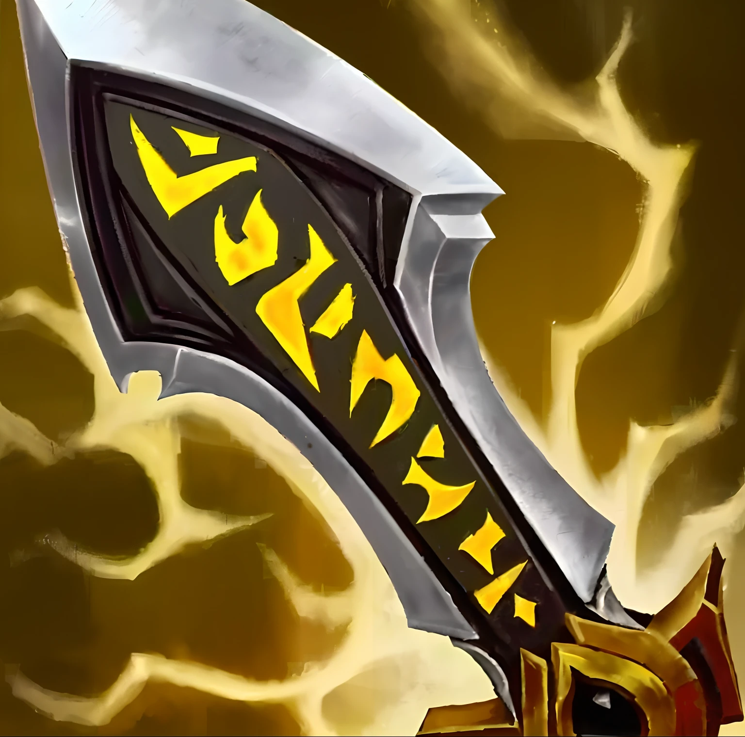 Close-up of a large sword with yellow and black logos, war blade weapon, Huge sword, hearthstone weapon art, legendary sword of technology, jagged sword, yellow broad sword, fantasy weapon, The sword, epic fantasy weapon art, fantasy sword of warrior, big sword, warcraft blizzard weapon art, intricate fantasy spear, Fantasy Blade, fantasy sword, Giant sword