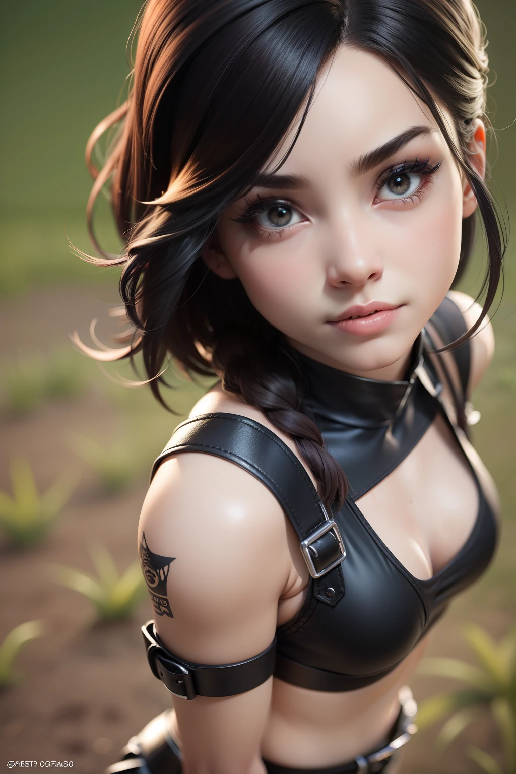 obra-prima, melhor qualidade, trabalho de rending 3d, estilo 3DMM, close-up, retrato, 3D, 1girl, 1girl, solo, linda militar ajoelhada de quatro de costas para o espectador, no campo de batalha, cansada, corpo muito sujo, suja de poeira, shorts curto feminino, com as roupas rasgadas, retalhos de roupa, suor, corpo suado, gotas de suor pelo corpo, pelos pubianos a mostra, solas sujas, cabelo preto longo, de costas, cabelo preto, realista, Tifa lockhart, (seios enormes: 1.5).