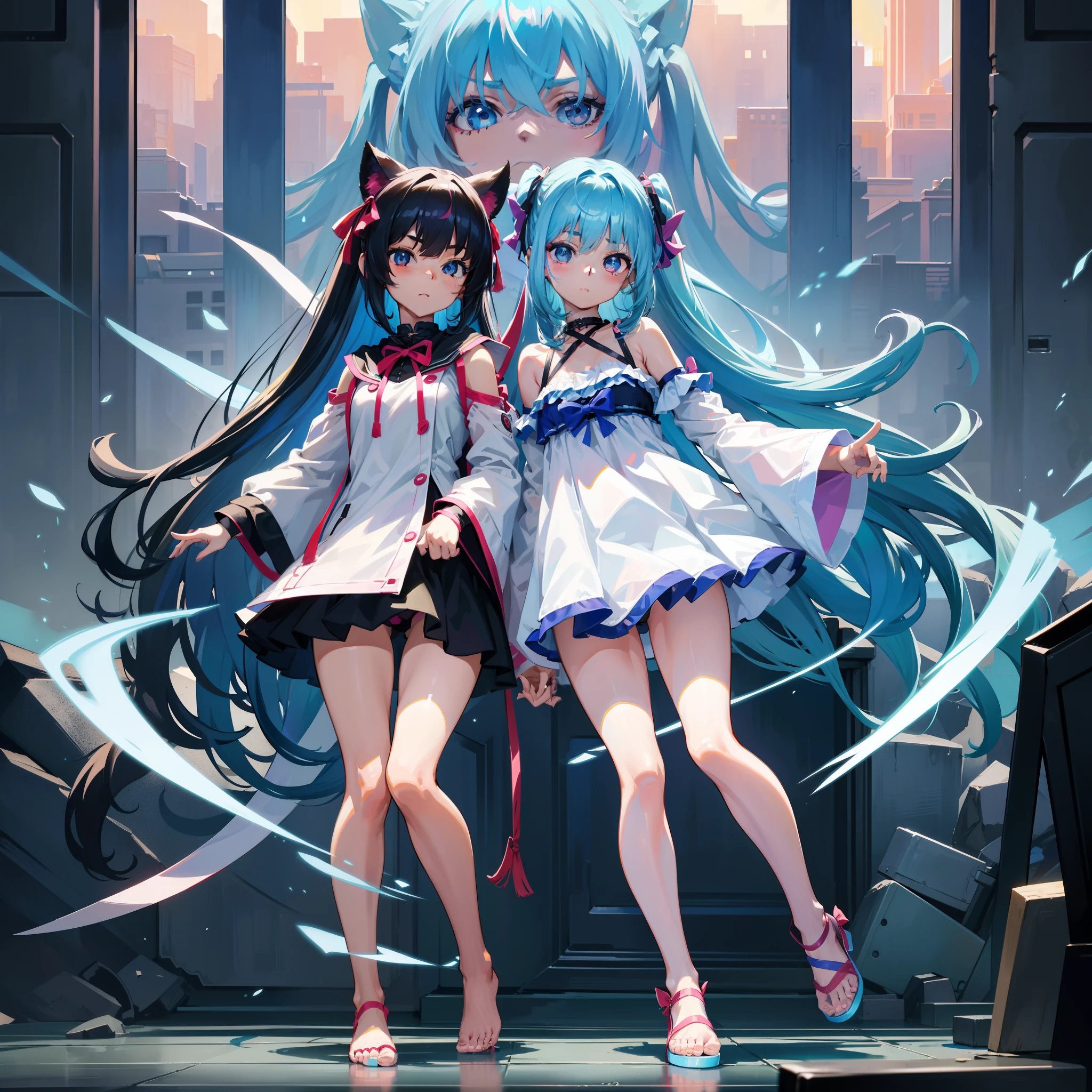 A ,Miniskirt swimwear,Bright drawing room,Face the lens,Stand quietly at eye level,Whole body diagram,Full body like,character design drawing,Powder blue hair,high qulity,messy hair,frilld,Top sleeves that cover your hands,美丽细致的眼睛,over exposure,Side punch bangs,Hair between both eyes,Ribbons,Bow knot,The face is solemn