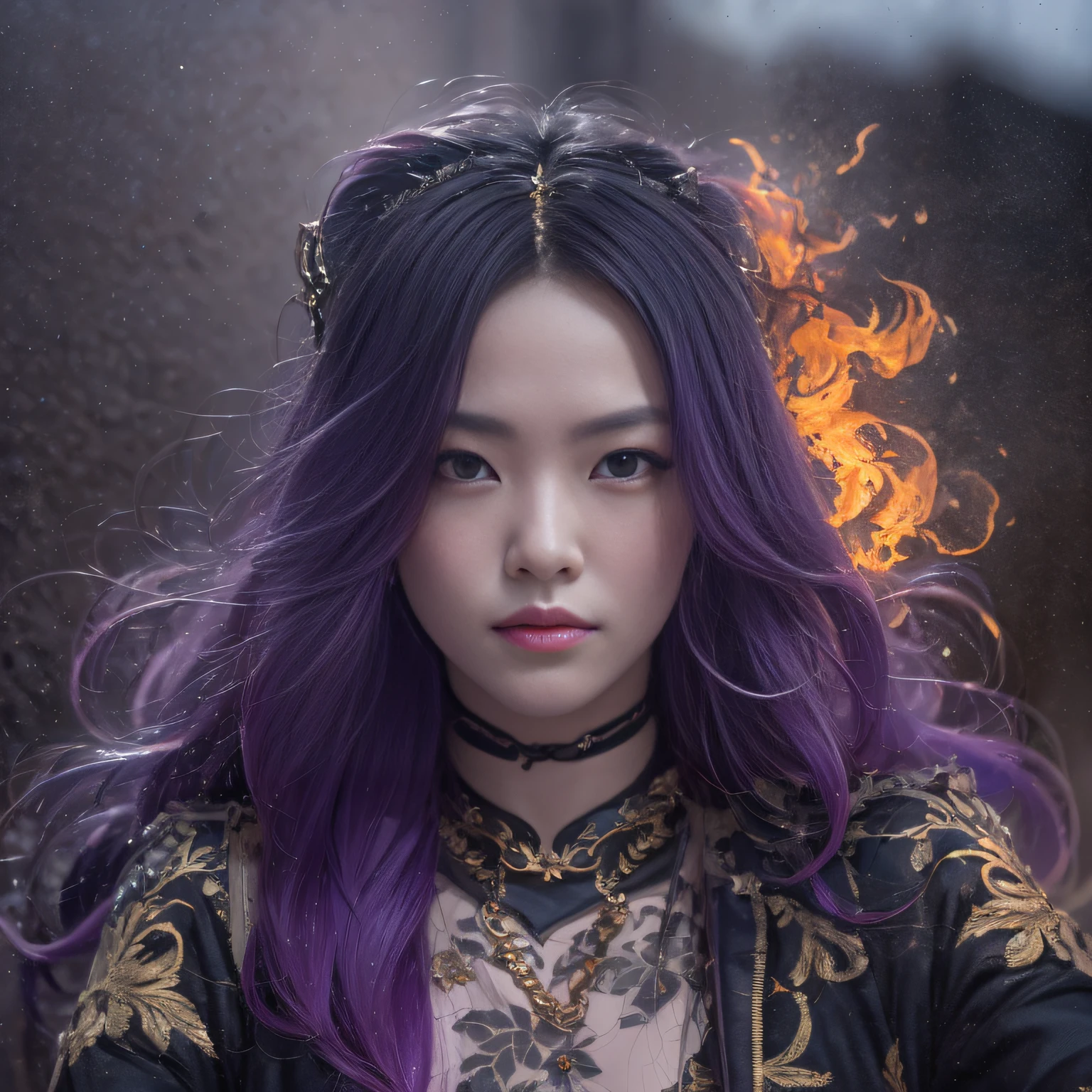 32K(tmasterpiece,k hd,hyper HD,32K)Long flowing bright purple hair,Autumn Pond,zydink, a color, Asian people (Silly girl), (Silk scarf), Combat posture, looking at the ground, long whitr hair, Floating bright purple, Fire cloud pattern gold skull headdress, Chinese long-sleeved gold silk garment, (abstract ink splash:1.2), white backgrounid,Lotus protector(realisticlying:1.4),Bright purple hair,Smoke on the road,The background is pure,Side squats, A high resolution, the detail, RAW photogr, Sharp Re, Nikon D850 Film Stock Photo by Jefferies Lee 4 Kodak Portra 400 Camera F1.6 shots, Rich colors, ultra-realistic vivid textures, Dramatic lighting, Unreal Engine Art Station Trend, cinestir 800,Long flowing bright purple hair