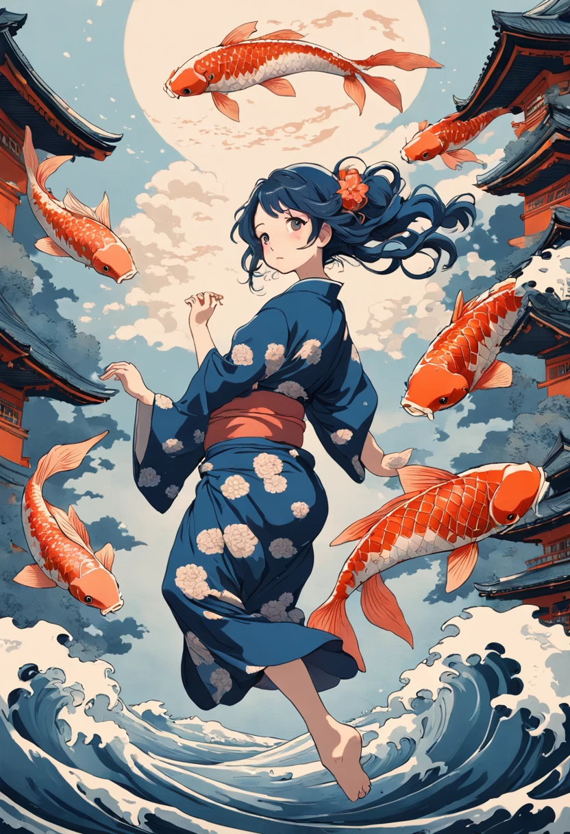 best quality, style of Hokusai, Ukiyoe, a dancing woman, (floating koi fish), flying carp
