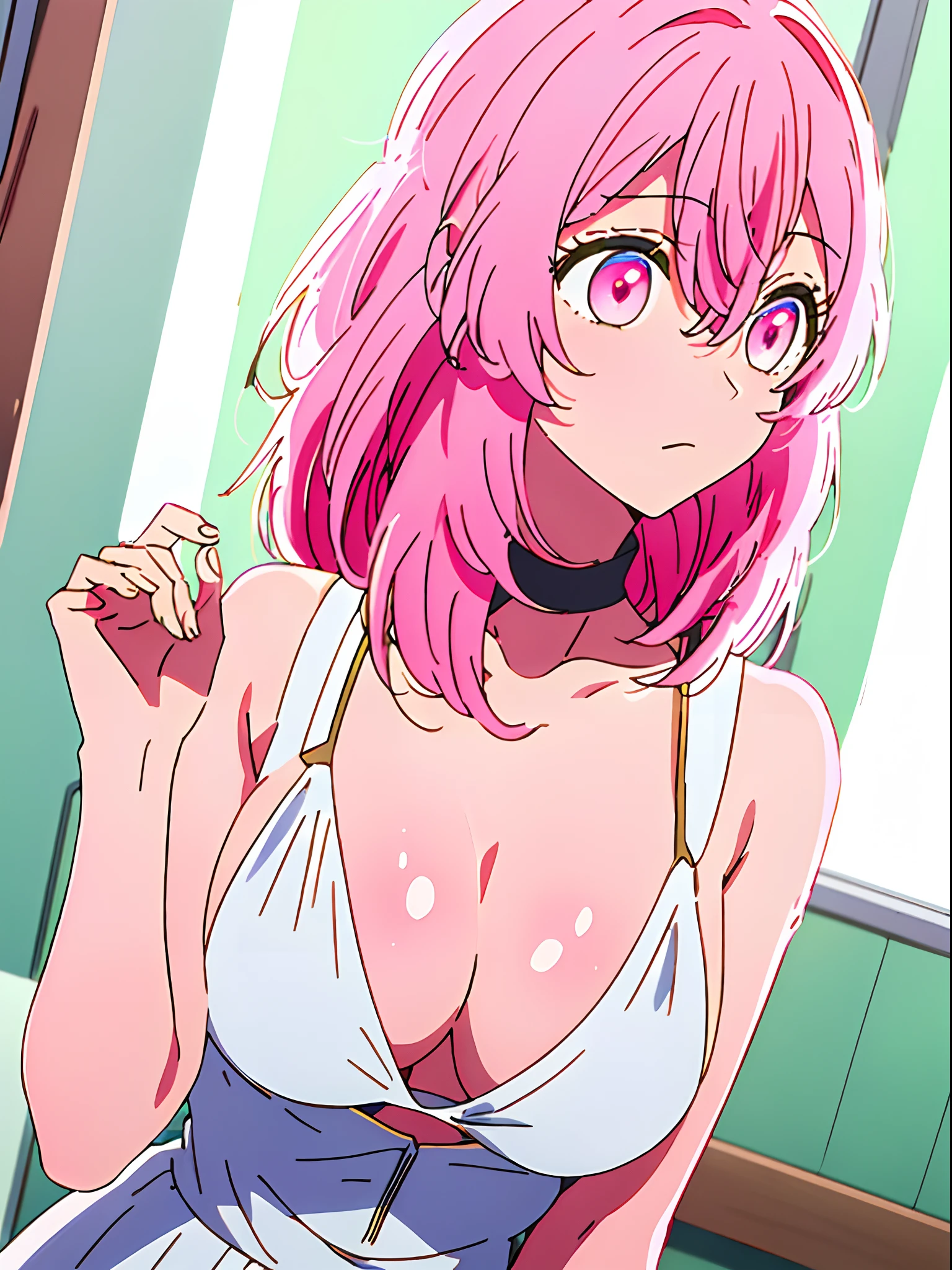 minamikotobuki\(oshinoko\), 1girl (masterpiece) (best quality)(shiny hair)(shiny skin)(shiny skin), 1 girl, solo, short hair, boob curtain, under boobs, upper body, micro bikini, presenting armpit, bare shoulder, collar bone, mole, arm up