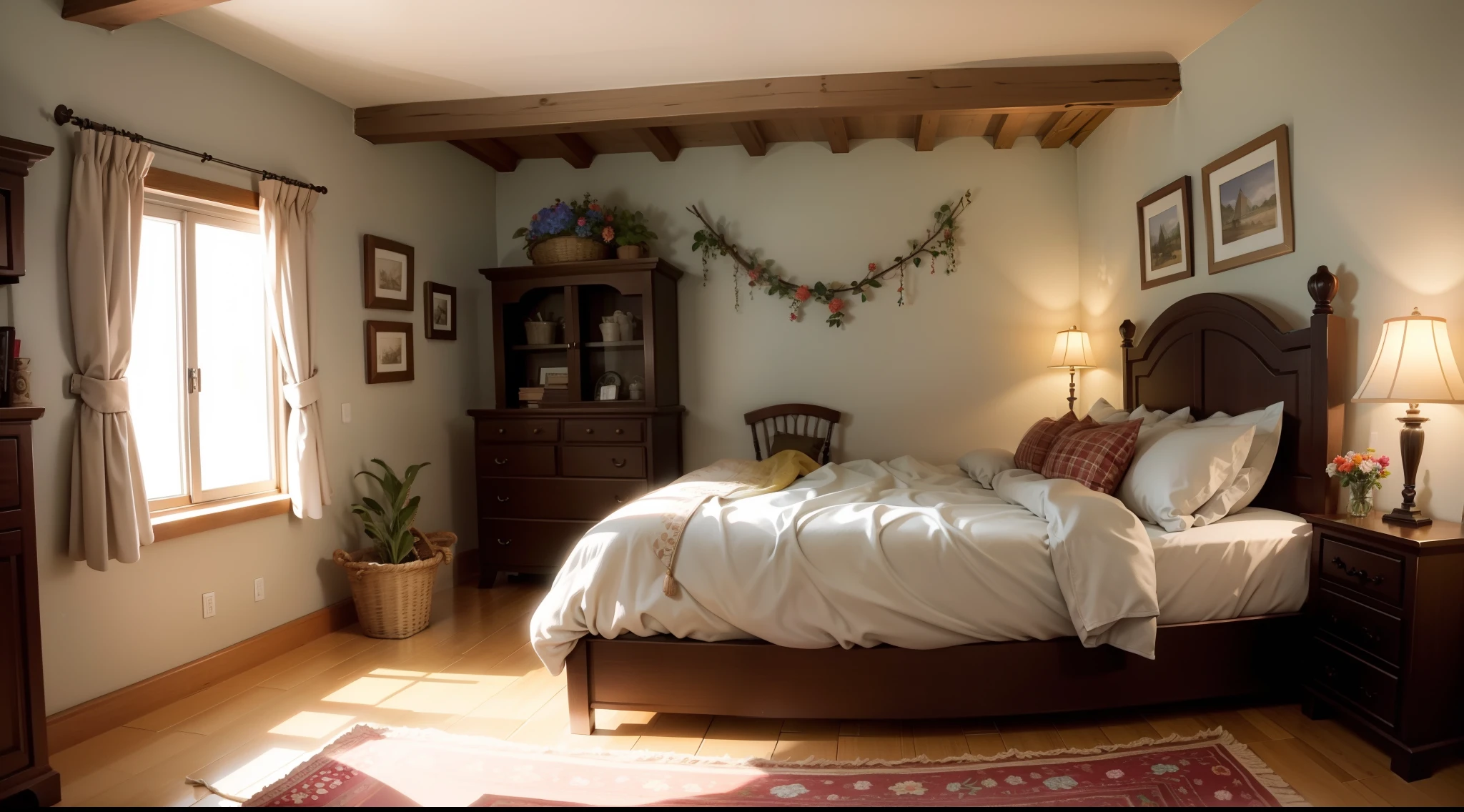 Nice country chalet interior，Bedroom decorated with flowers，There is a bed