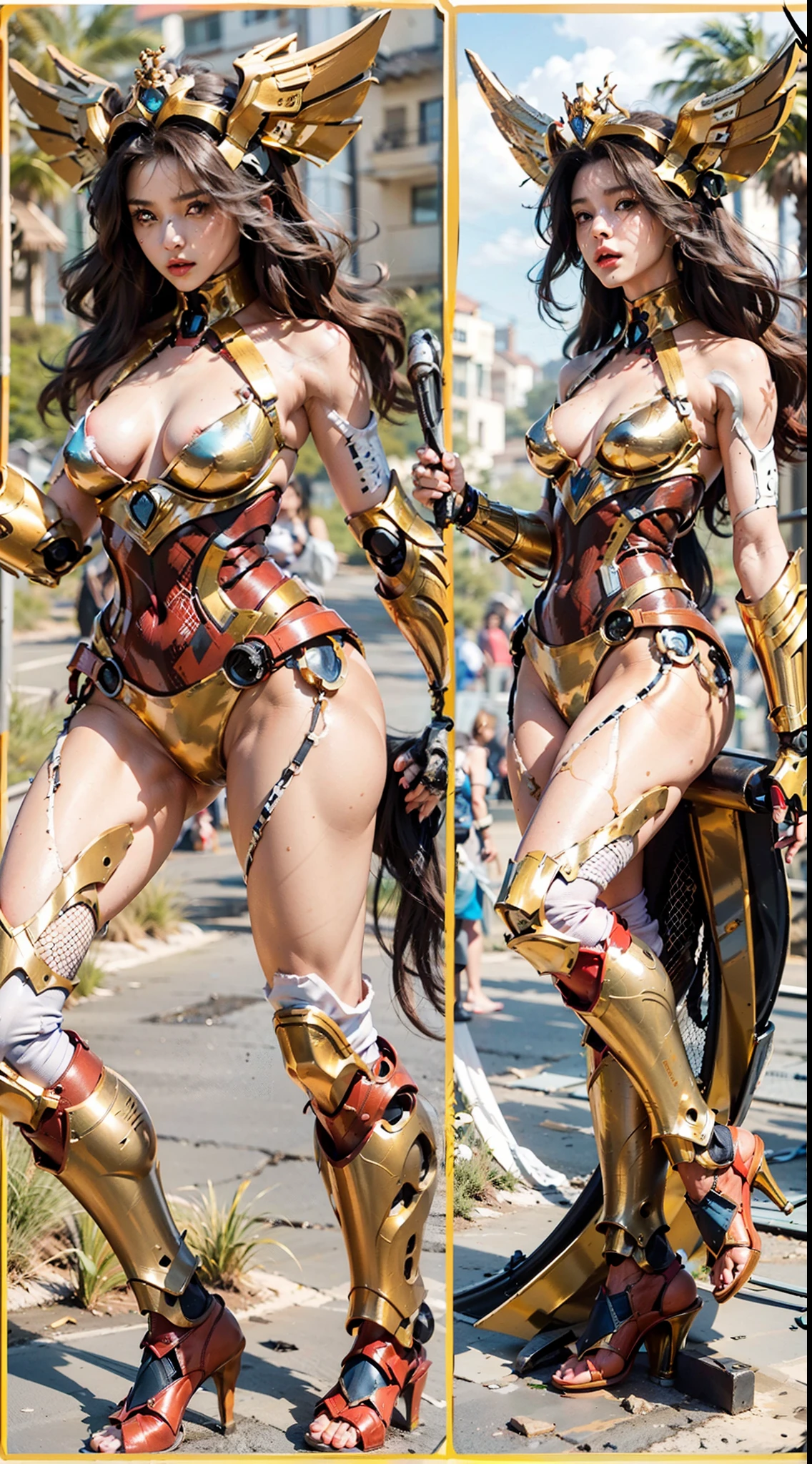 Female centaurs,She is famous in the multiverse,She is both a female centaur, half human, half horse, half horse,is also a female e。She mixed two images,First of all:((The head of the horse/Neck/Shoulder these parts,In its place is a beautiful female human upper body):9.9),The females are half-centaurs, half horse, demihuman,The second is:((The head of the horse/Neck/lower back/hason/gluteal/Four thigh female avatars):9.9),'s((Female half-horse with beautiful woman's):9.9,Chimer):9.9),(It's like a female human wearing a half-horse costume,Make seamless chimeras。:9.9),This chimerization is based on powerful futuristic technology。The ultra-wide-angle lens captures images of her beautiful, ethereal wings on the ionosphere firing super-high-speed charges and jumps。Her front half is distinctly feminine,Tall and sexy b,Possessed(K cup giant coconut breast:9.has a small man's waist butterfly strad(Long legs:9.9),The embedded interface of the half-horse part of the female state of the body bent in the hip position。(Horse shape, The half-horse torso form of her back body is entirely feminine9.9)。The chest cavity of a curved dog-style female is embedded in the lower back position of the beautiful female body,Start at the upper part of the sternum/lower back/Ventral。Then there are the straight buttocks of sexy beHer entire b is already completely feminine,In its place is the female body。:9.9),Including the half-horse part。Mechanized armor covers the legs with knee-shaped anti-joints and feet,And these parts are highly anthropomorphic,This makes her legs graceful and slender,Her four horse legs exploded in proportion to length,Slim and toned,Under the legs are skinny white feet wearing skyscraper heels,Use the advanced stroke tools and color palettes halfway through, and texture packs, Model package, and texture tools,Concentration,Includes all parts of her primitive horse physiology,Including fur/Waist and abdomen/Hips and legs/Feminization of leg