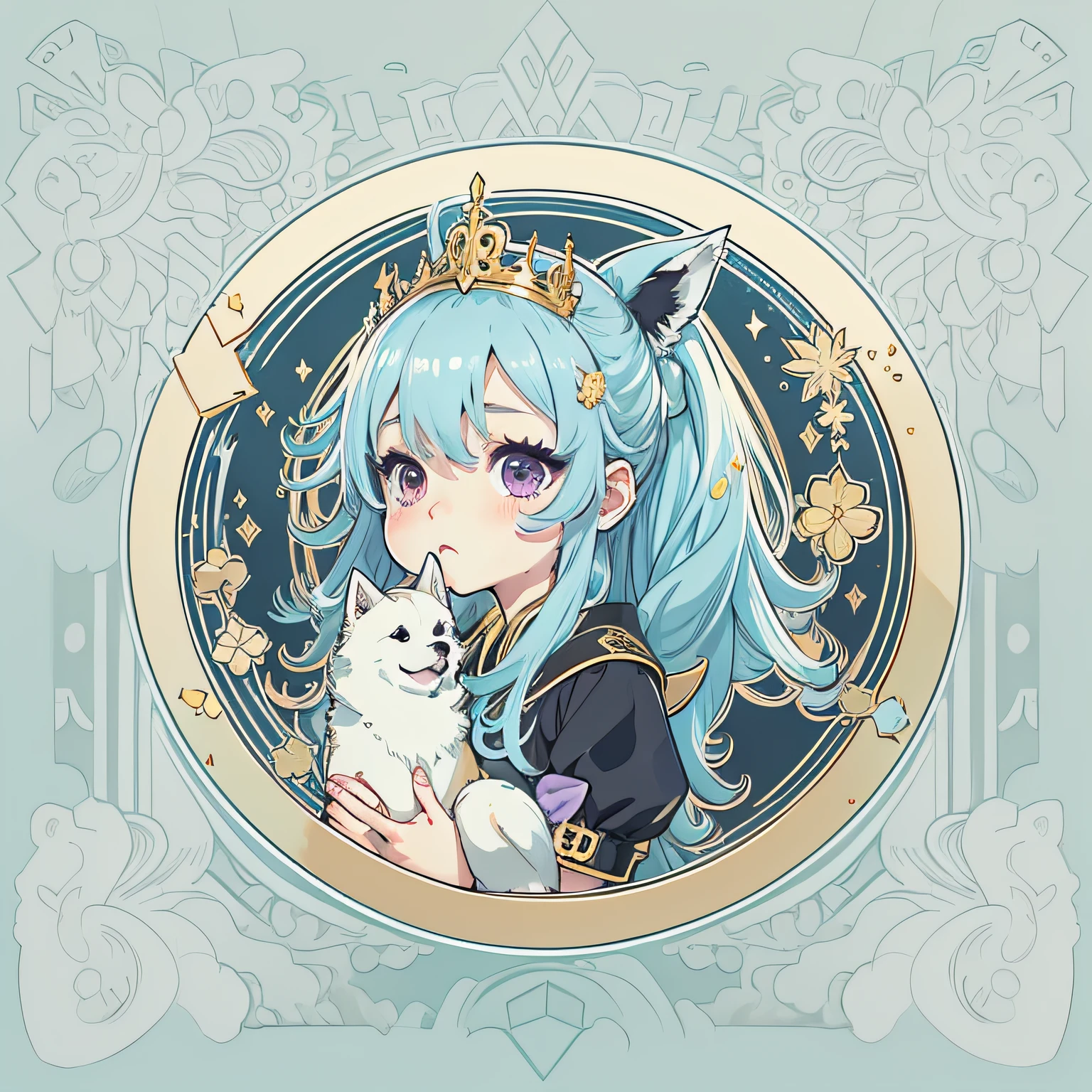 Sticker, Cute anime girl head, long layered blue hair,Light purple eyes,pouty,Black dress,white princess dress,Holding a Shiba Inu,in circle, blue background, Gold border,Simple, Ultra detailed, Detailed drawing, vectorised, Silhouette, 8K, professional sticker design, Flat design, Vector lines, Sticker, Drawing, Drawing, Full-HD