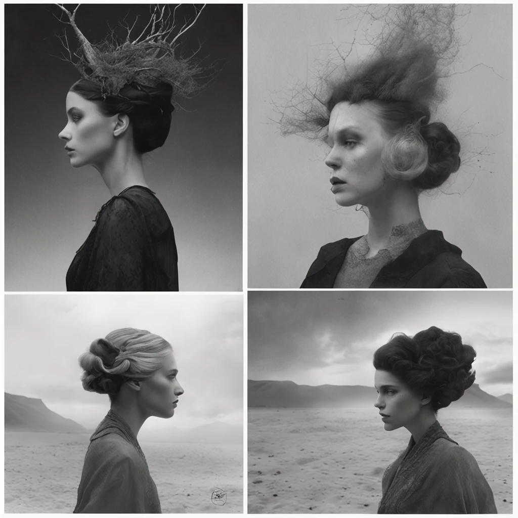 Arafed Mujer con cabello largo y un tocado en una foto en blanco y negro, Yuri Shwedoff y Tom Bagshaw, inspirado por Darek Zabrocki, Hermoso retrato surrealista, Anna Dittman, inspirado por Maciej Kuciara, Natalie Shau Tom Bagshaw, Inspirado por Maxim Verehin, Estilo Tom Bagshaw, Retrato de Tom Bagshaw. estilo andy warhol