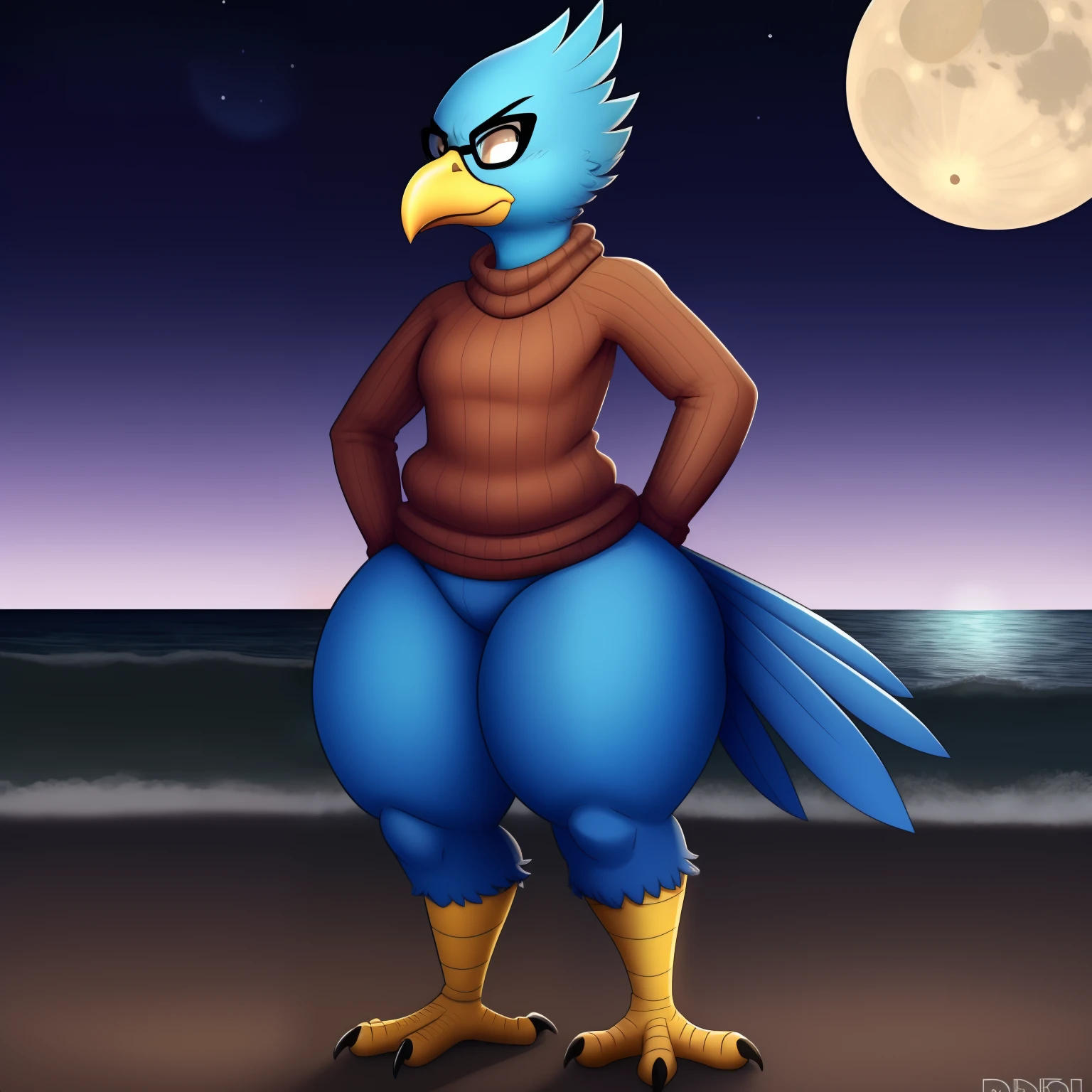 Berdly from Deltarune, professional art made by twistedscarlett60, male, avian, bird, avian tail, bird tail, blue body, blue feathers, feathery, blue skin, fully blue skin, completely blue skin, fully blue body, artist:twistedscarlett60, round glasses, thighs, thick thighs, big butt, oversized butt, round butt, black thigh-highs, white shirt, beach, near water, pretty eyes, standing up, looking back, smile, twerking, twerking on your dick, back view,