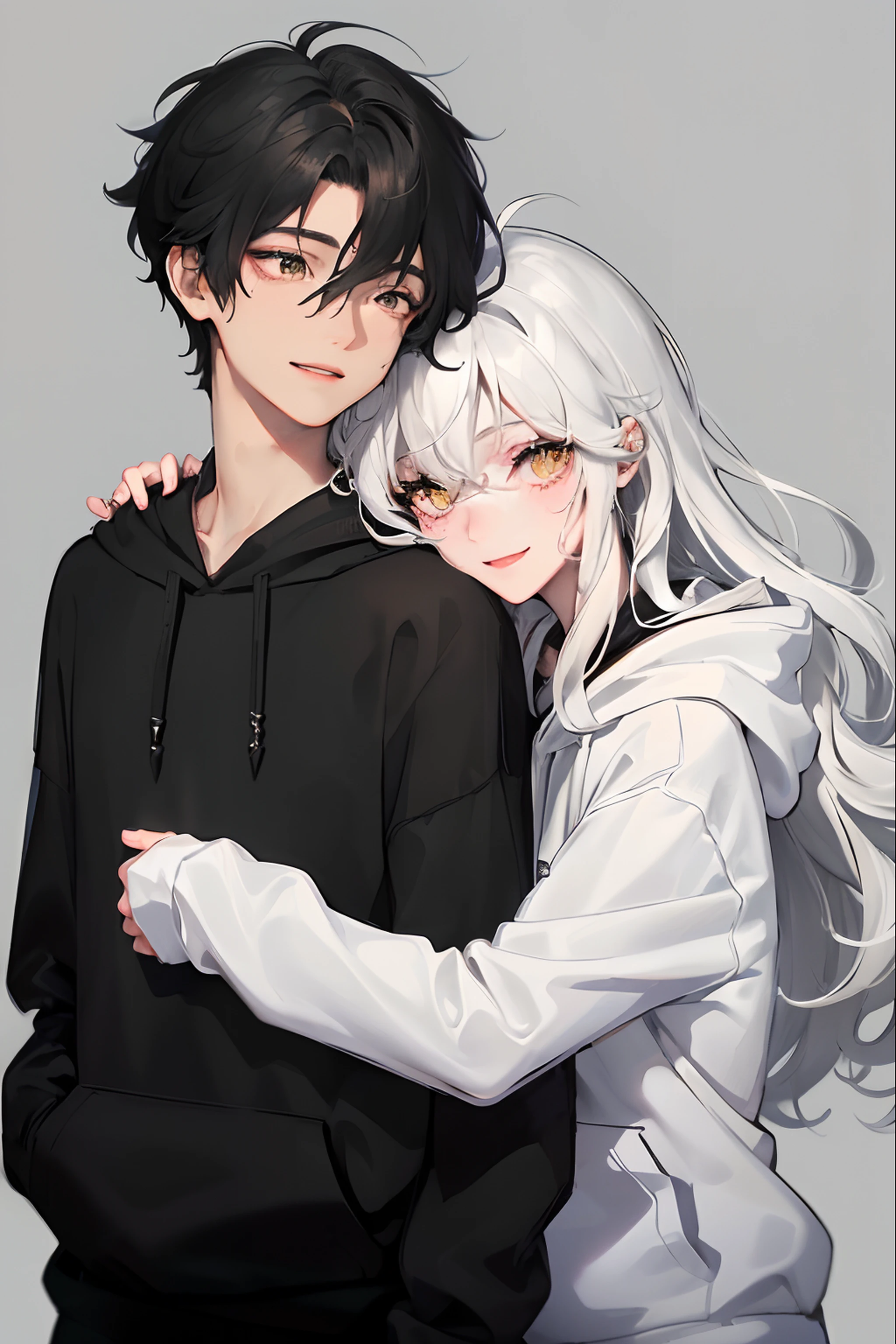 1woman, ((long white wavy hair)), swept bangs, ((golden eyes)), smile, modern clothes, hugging a ((boy with short messy black hair and black simple hoodie)) from the front