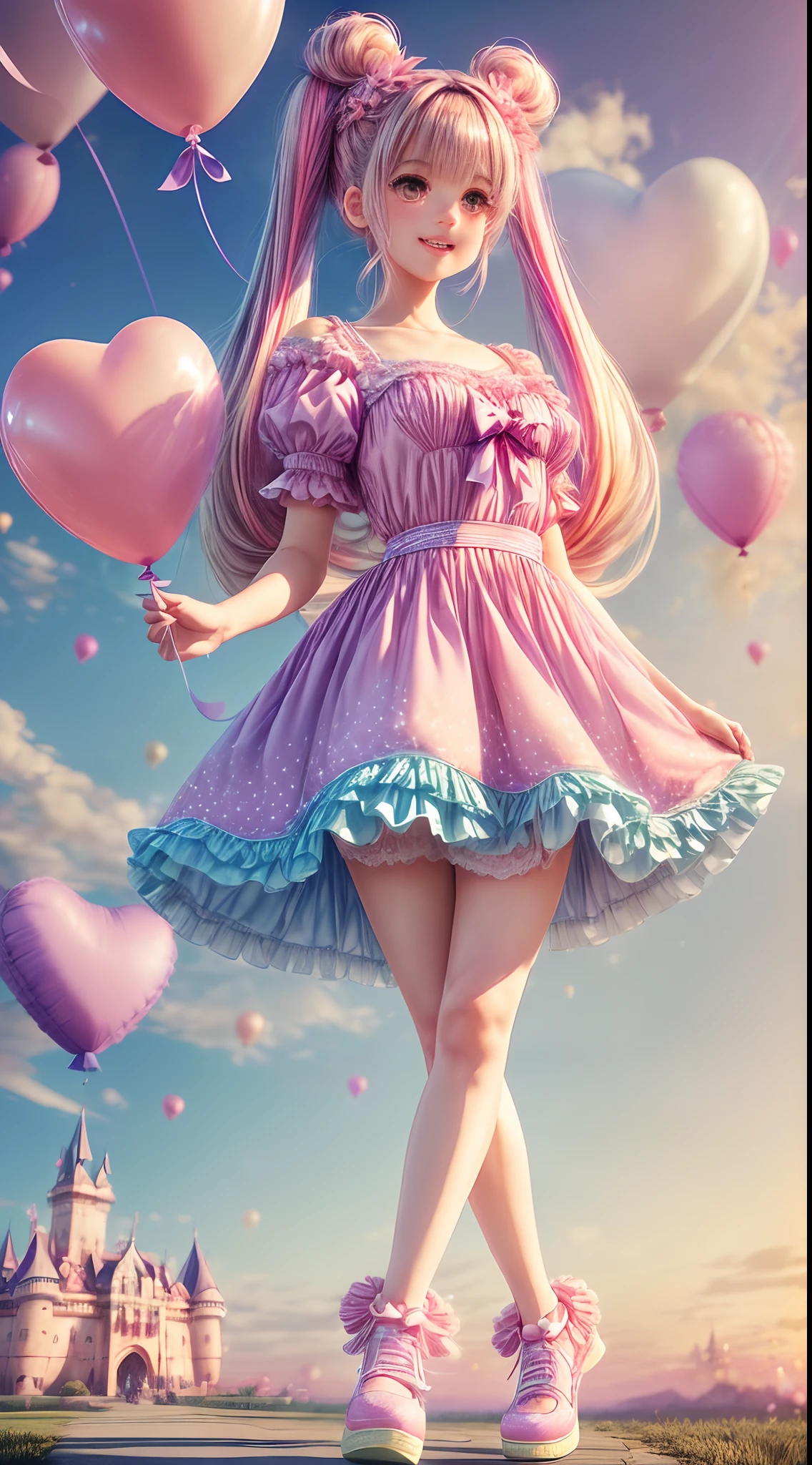 (fullbody, legs and shoes visible: 1.2)) expressive eyes, woman, pale skin, long hair, windblown hair, ((absurdly long hair)), long sidelocks, hime bangs, hair fringe, hair bun, ((very long twintails)), iridescent hair, light pink hair, blushing, full face blushing, big sparkling pastel purple eyes, (gradient eyes), open mouth smile, cute pose, ((holding balloons : 1.3)) 
((cute and pastel fashion)), flowy pastel dress, ((dreamy multicolored open dress)), (floating ribbons), lavender ruffles, pink frills, (light blue lace), detached short sleeves, puffy skirt, ((rainbows and stars print skirt : 1.3)), lolita skirt, purple bows, ((pompon ribbons hair ornament : 1.4)), multiple bows, striped lace stockings, (heart shaped leg garter), cute (pastel purple) shoes ((hyperdetailed clothing and fashion)) looking at you, vintage girl, blushing, (beautiful detailed eyes), (extremely detailed CG unity 8k wallpaper) (best shadow), ((an extremely delicate and beautiful)), (detailed light), ((depth of field)) big head, big sparkling eyes, moe, splash art, cinematic lighting, frontal view, volumetric lighting maximalist photo illustration 64k resolution high res intricately detailed complex key visual precise linear 
((in the dreamy pastel sky background, surrounded by sunset clouds, shooting stars, castles in the clouds)) ((hyperdetailed scenery, foggy clouds, suspended by balloons, hearts : 1.3))
