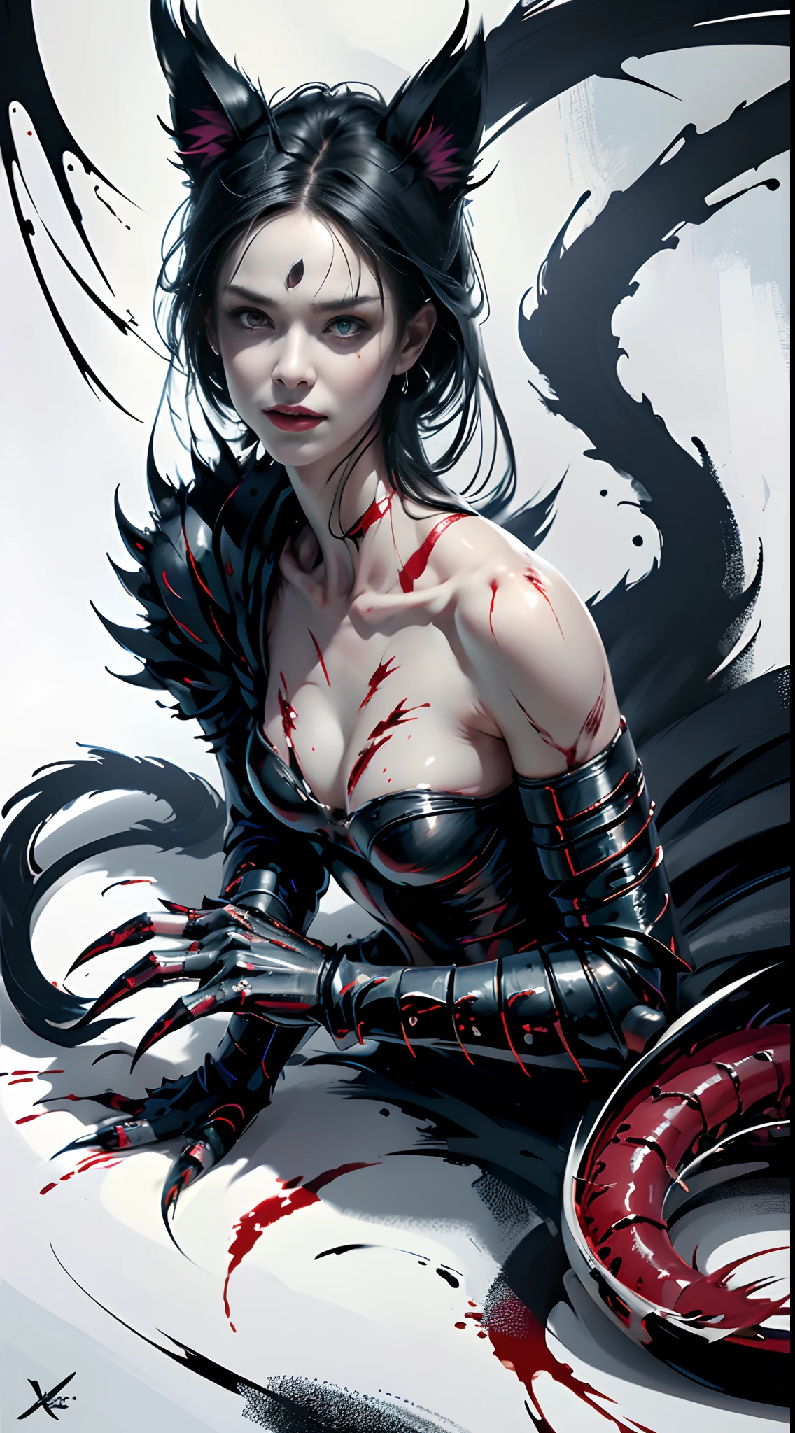 Fierce black cat，Dark red eyes，Close-up of extreme body details,White fangs,Sharp claws，Curled up on the ground，blood-stained armor,The armor is tattered,Blood dripping,Blood dripped from the corners of the mouth,True blood,Full body like,Prepare for a raid