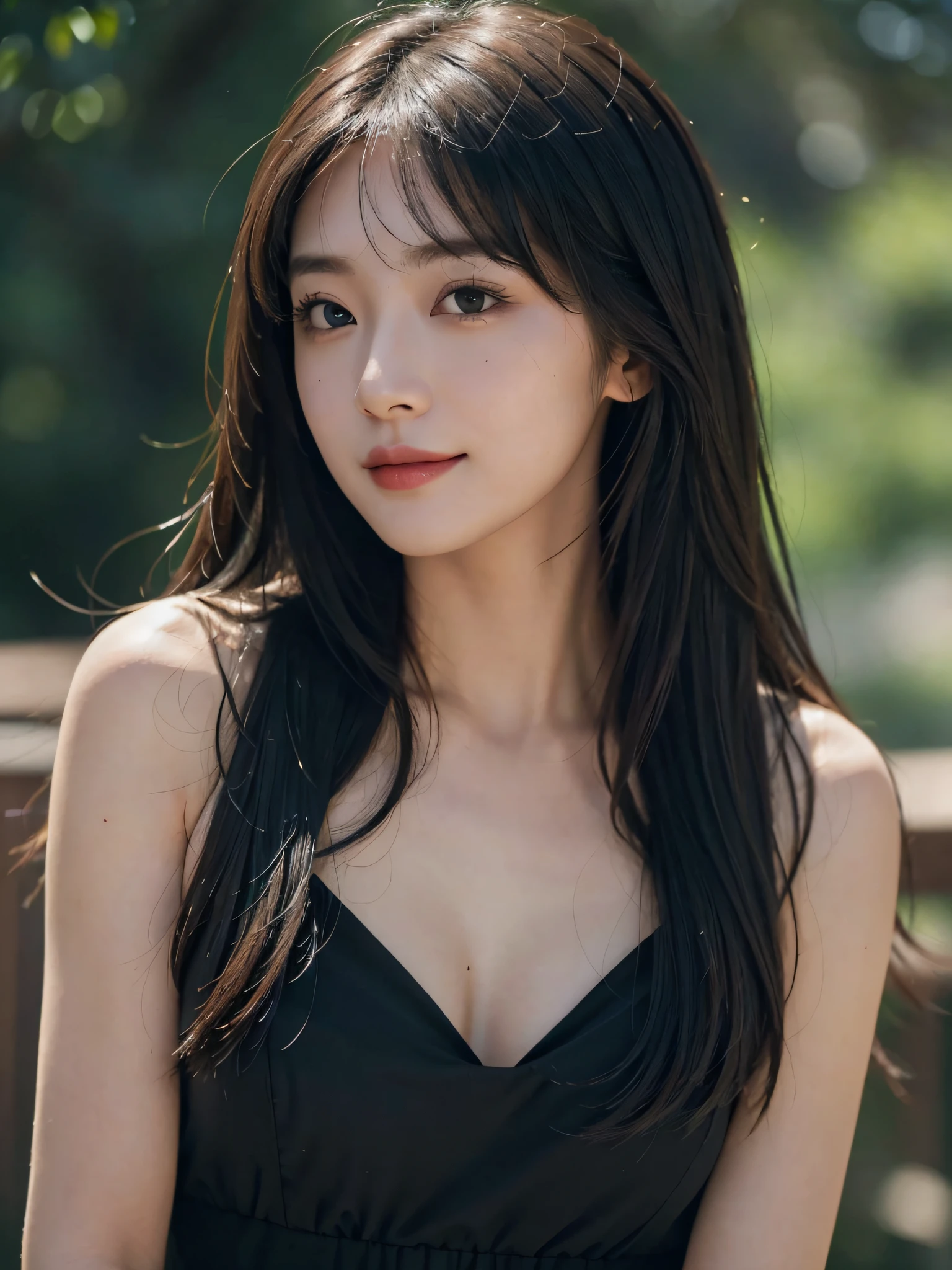 Masterpiece, best picture quality, high quality, beautiful woman, Japanese, popular Korean makeup, detailed, swollen eyes, detailed eyes, detailed skin, beautiful skin, ultra high resolution, (reality: 1.4),very beautiful, slightly younger face, beautiful skin, slender, (ultra realistic), (illustration), (high resolution), (8K), (very detailed) (best illustration), (beautifully detailed eyes), (super detailed), (wallpaper), (detailed face), looking at viewer, fine details, detailed face, pureerosfaceace_v1, smiling, looking straight ahead, looking straight ahead, angle from waist up, realistic photo, bright lighting, professional lighting, black hair (some of hair part green), long hair, dark ruins, big red moon, gorgeous red and black dress, mature woman, long stylish bangs,