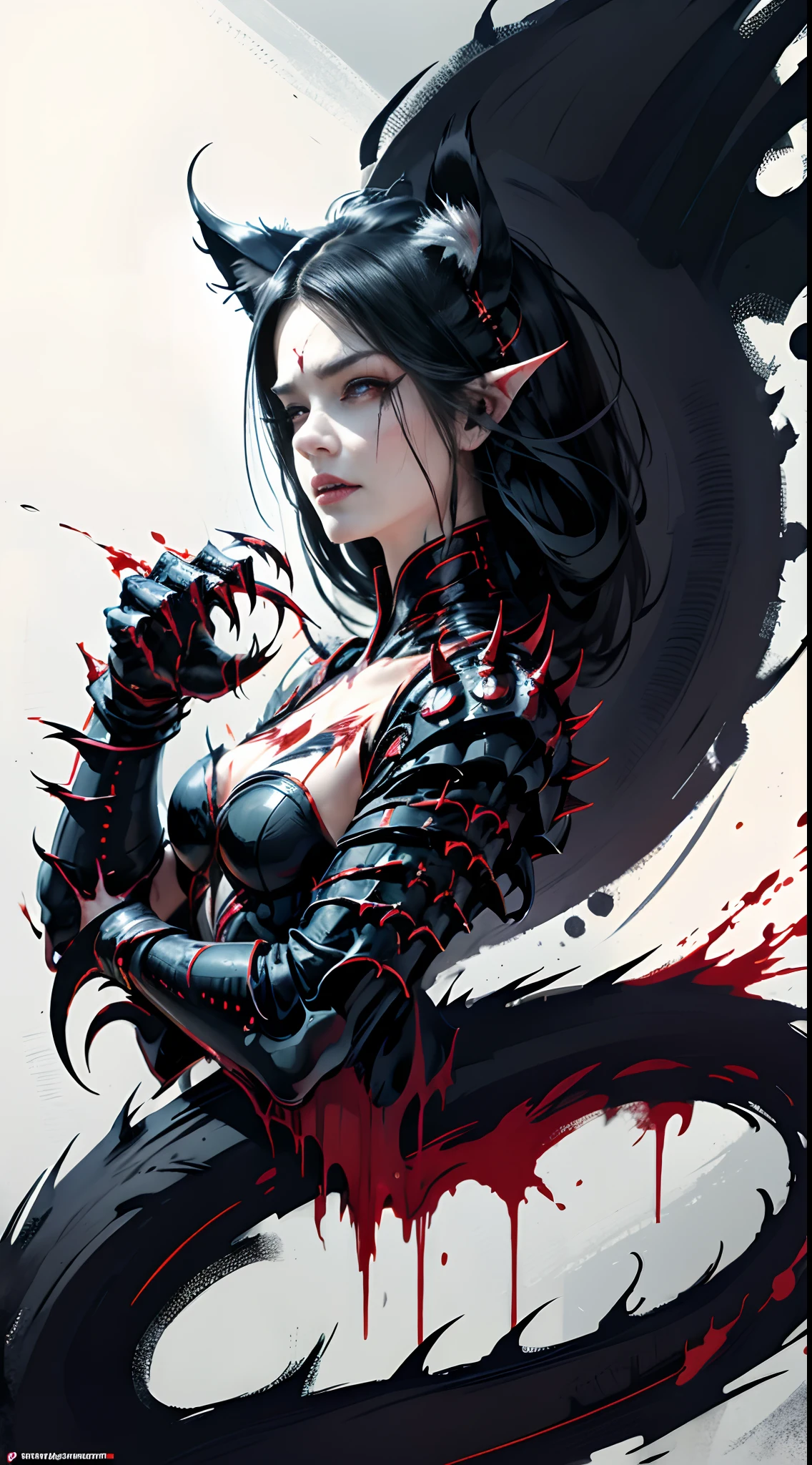 Fierce black cat,Dark red eyes,Close-up of extreme body details,White fangs,Sharp claws,Curled up on the ground,blood-stained armor,The armor is tattered,Blood dripping,Blood dripped from the corners of the mouth,True blood,Full body like,Prepare for a raid