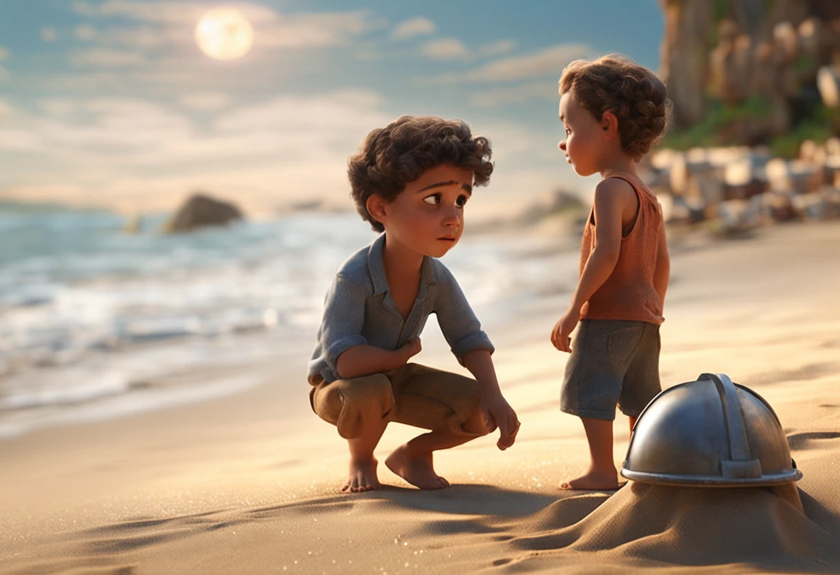 movie picture quality，style of disney animation，A  builds a castle with sand on the beach，Denim suspenders，The barefoot，depth of fields，high light，Real light，Ray traching，oc rendered，Hyper-realistic，best qualtiy，8K，Works of masters，super-fine，Detailed pubic hair，Correct anatomy，sharp focus on eyes，Bokeh，Facial features are carefully depicted