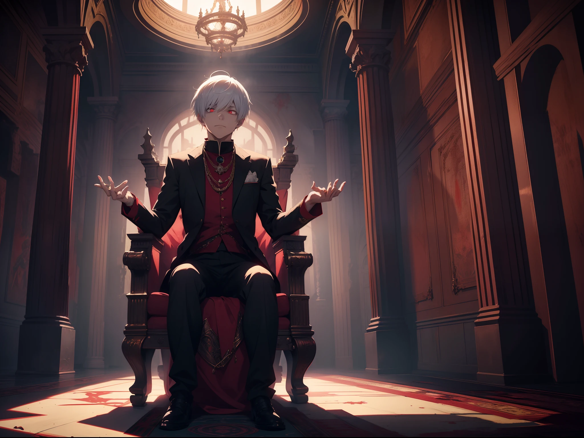 A white-haired, red-eyed prince sits on a majestic throne inside an abandoned palace. The environment around him is dark and gloomy, with evil red eyes in the walls and cobwebs hanging there. The throne is ornate, with details in gold and precious stones, and is covered by a dusty cloth. The protagonist is wearing royal clothing, with a kaneki expression on his face, as he stares at the horizon with glowing red eyes, masterpiece, best quality, ultra-detailed, illustration, 8k resolution concept art, fantasy art, epic art, concept art wallpaper 4k, deep color, natural lighting