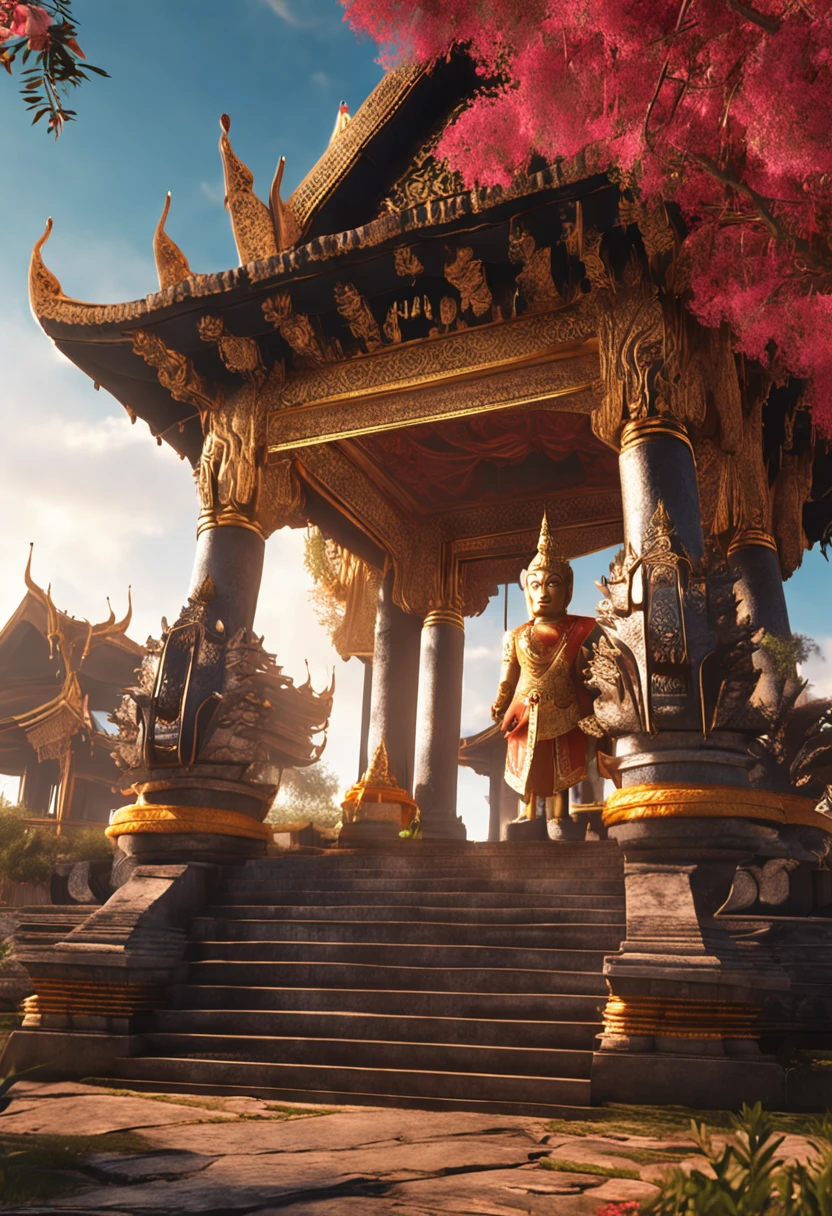 **Masterpiece, Best quality, (Very detailed CG unity 8K wallpaper), (Best quality), (Best Illustration), (Best shadow), Glow spirit, with a ((((Handsome warrior))) Ride in (((((Hiryu)))) , Thai Royal Palace and Thai temple in the sky, Surrounded by trees, Leaves and branches, 。.3D, Octane number crushing, Ray tracing, Super detailed