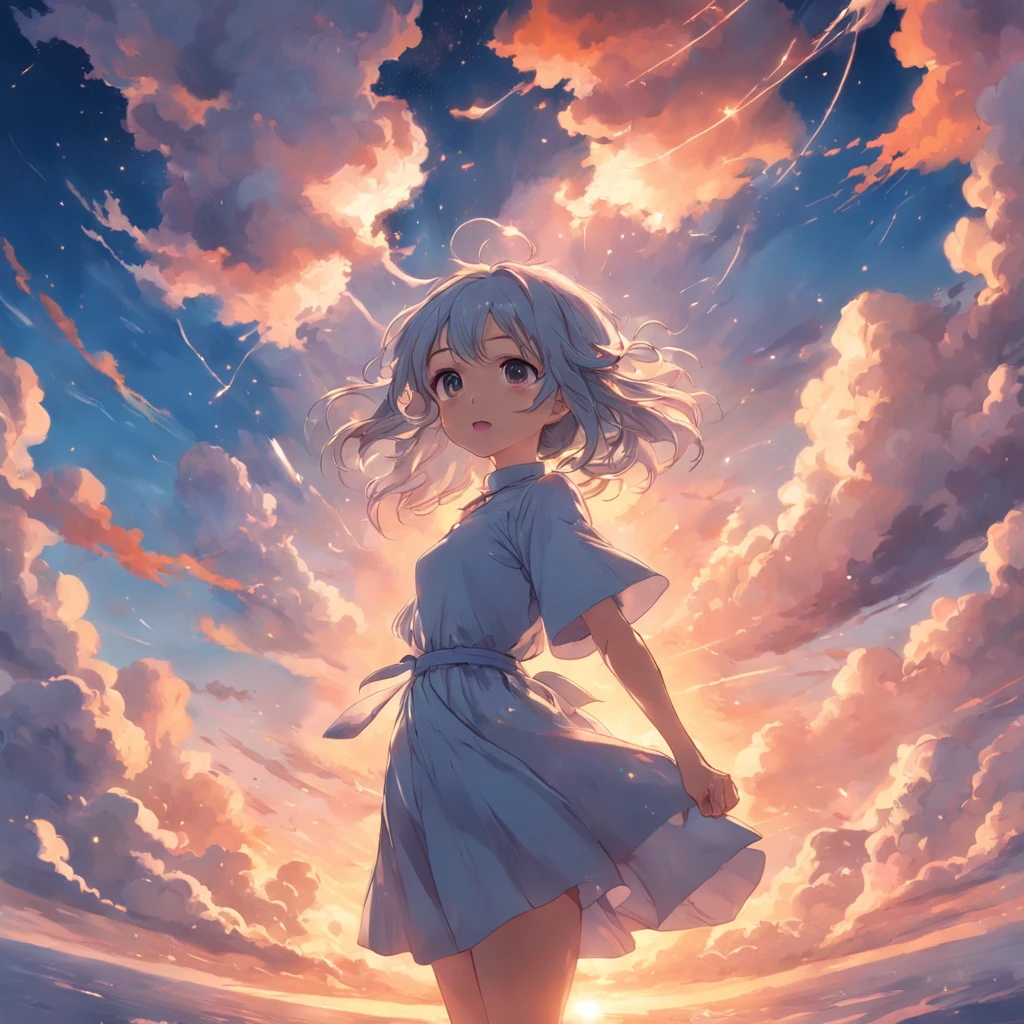 "Create a masterpiece with the best quality, resembling a movie still, featuring a single girl who is a cloud girl floating in the sky. Capture a close-up shot with bright, happy, and warm soft lighting during sunset. Additionally, include sparks with a weight of 0.7."