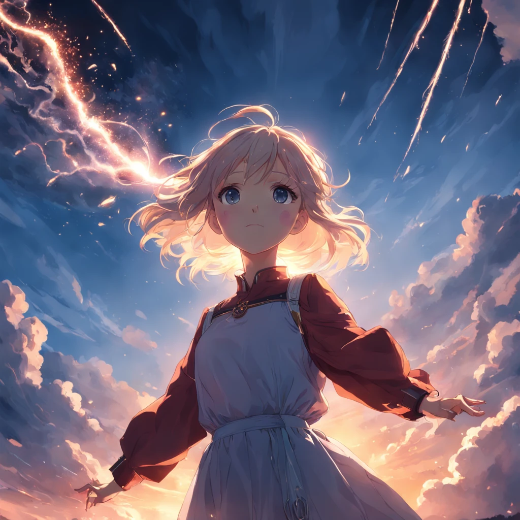 "Create a masterpiece with the best quality, resembling a movie still, featuring a single girl who is a cloud girl floating in the sky. Capture a close-up shot with bright, happy, and warm soft lighting during sunset. Additionally, include sparks with a weight of 0.7."
