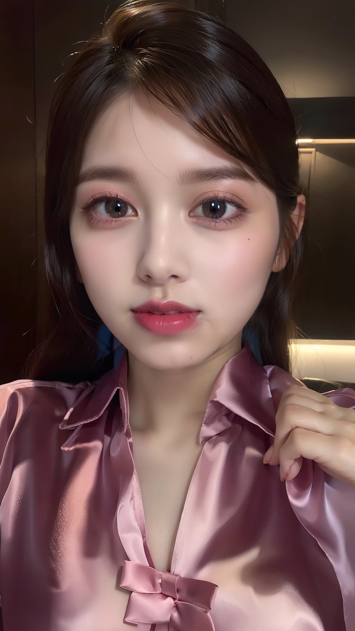 A close up of a woman wearing a pink shirt and a pink bow tie - SeaArt AI