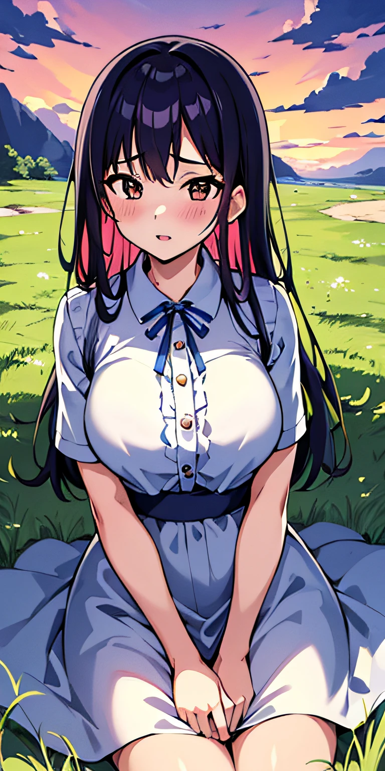 masterpiece, best quality, ultra-detailed, illustration,masterpiece, best quality, highres, tendou_kasumi, Yellow_Shirt_blue_high-waist_skirt, solo, tight skirt,miniskirt,large breasts,, masterpiece, best quality, detailed face,(1girl),beautiful detailed eyes, looking at viewer, sitting, (breast focus), (hands crushing her tits), (from above:1.1), light hair, (huge breasts),(breasts out:1.3),open clothes,(show tits),nipples,(cum all)