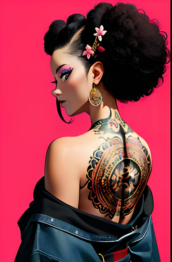 (masterpiece, top quality, best quality, official art, beautiful and aesthetic:1.2), (black woman:1.25), tattoo, solo, japanese clothes, hair ornament, unsheathing, afro hair, sheath, back tattoo, green eyes, off shoulder, bare shoulders, looking back, from behind, flower, looking at viewer, holding, makeup, indoor, unclothed