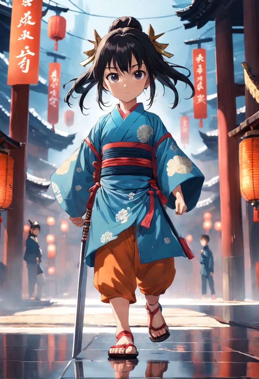 7 year old girl samurai, full bodyesbian，Barefoot，Front view, Focus on appearance，Reflect everything, (tmasterpiece) (8K high resolution) (best qualityer) (hyperdefined) (Ultra photo realsisim)(photo RAW) (photograph of-realistic) (Bright lighting)
