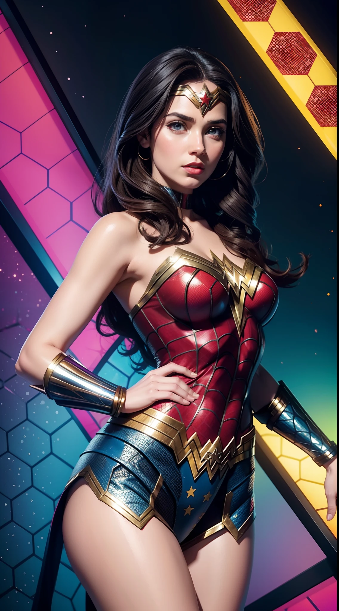 Wonder Woman in the style of Spider-Man, masterpiece, best quality, abstract, psychedelic, neon, (honeycomb pattern), (creative:1.3), sy3, SMM, fantasy00d