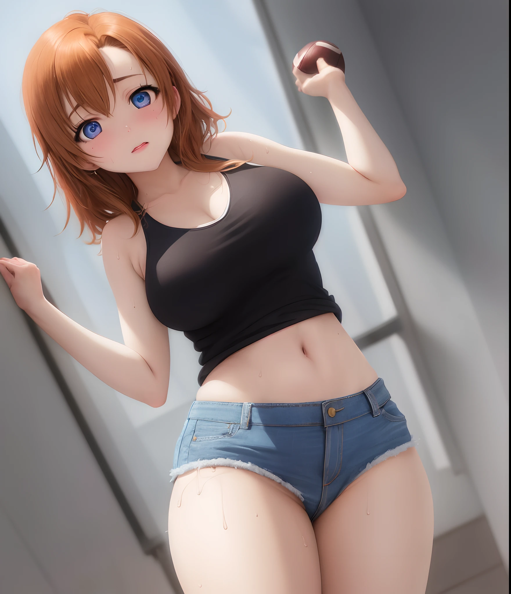 Kousaka honoka, blue eyes, short denim short, football tank top,(midriff:0.7), looking at viewer,(big breasts:0.8), solo, standing, (pov from below:0.768), sweating, solo,(cowboy shot) , thicc thighs,thicc stomach, curvy body, llchar, hentai style