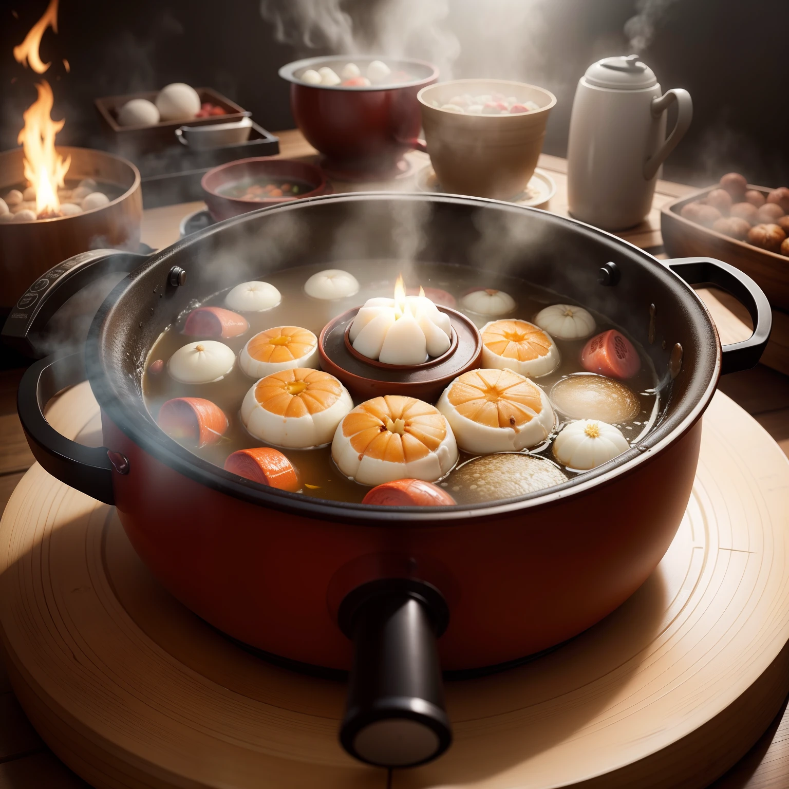 There is a beautiful hot pot on the table,It's boiling