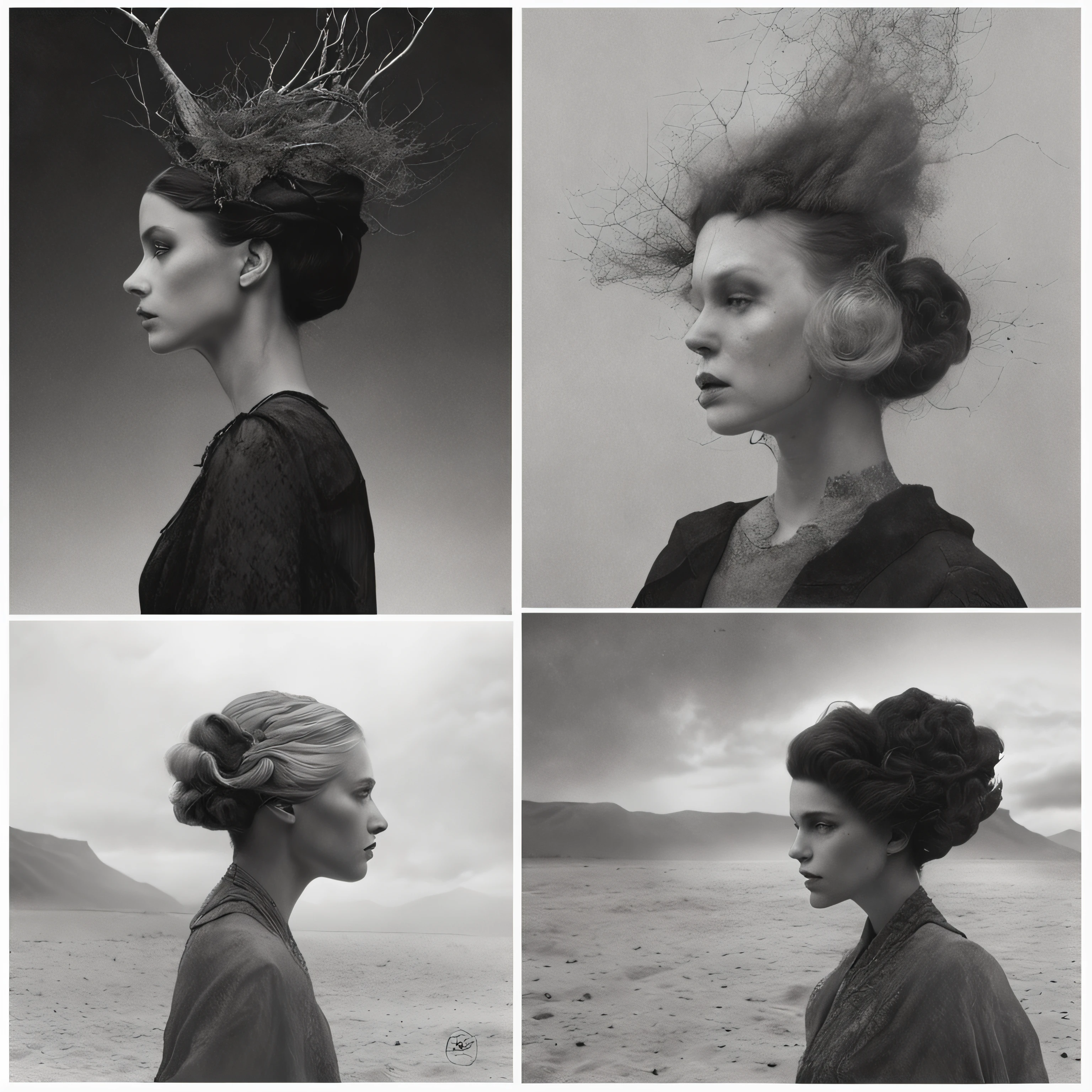 Arafed Mujer con cabello largo y un tocado en una foto en blanco y negro, Yuri Shwedoff y Tom Bagshaw, inspirado por Darek Zabrocki, Hermoso retrato surrealista, Anna Dittman, inspirado por Maciej Kuciara, Natalie Shau Tom Bagshaw, Inspirado por Maxim Verehin, Estilo Tom Bagshaw, Retrato de Tom Bagshaw. estilo andy warhol