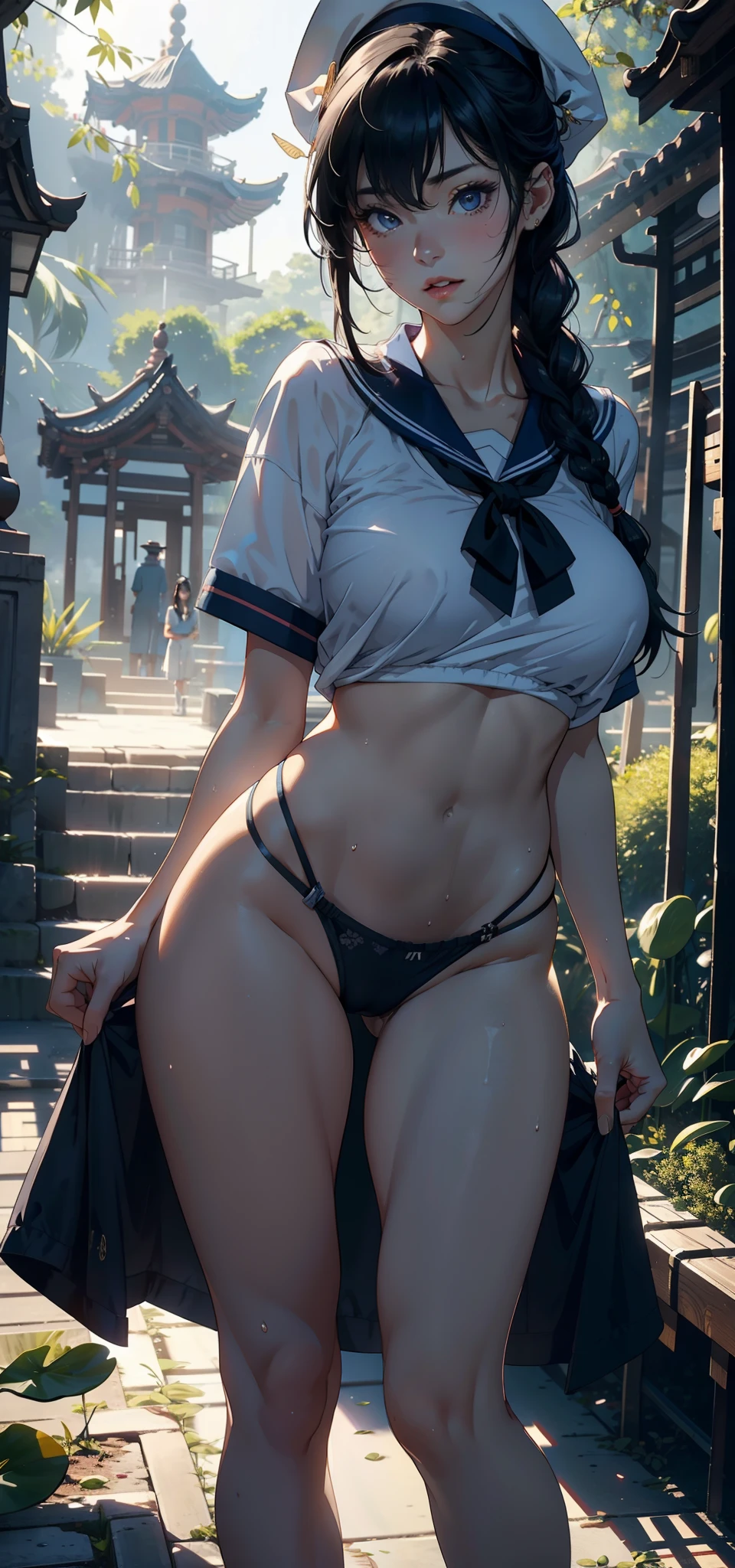 1female,35yo,熟妇,long leges,Big breasts Thin waist,Slim,huge-breasted ,Pornographic exposure, 独奏,(Background with:bamboo forrest,lotuses,lotus flower,exteriors,Lotus pond) She has short black hair,Twist braids,standing on your feet,Sweat profusely,drenched all over the body,seen from the front, hair straight, mostly cloudy sky,(((tmasterpiece),(Very detailed CG unity 8K wallpaper),best qualtiy,cinmatic lighting,detailed back ground,beatiful detailed eyes,Bright pupils,Black eyes,(Very fine and beautiful),(Beautiful and detailed eye description),ultra - detailed,tmasterpiece,)),facing at camera,A high resolution,ultra - detailed),revealing breasts,Bare genitalia, Bulge,legs are open,Raised sexy,Camel toes,Flushed complexion,Open-mouthed,frontage,Sailor's cap(Wearing:Blue sailor uniform,athletic sneakers)Full body photo,Show shoes