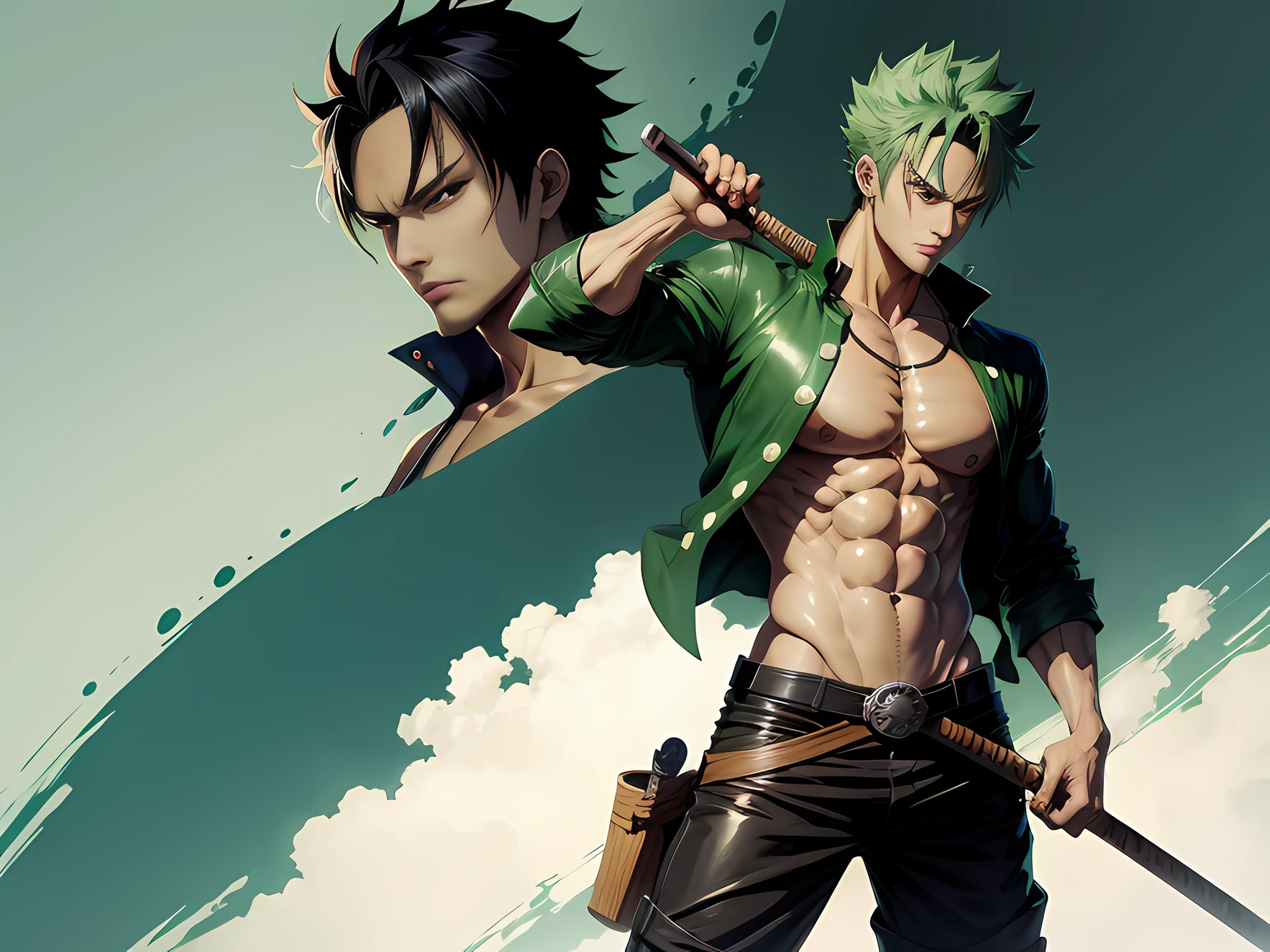 Close-up of green-haired anime characters, one piece art style, Roronoa Zoro, Anime wallpaper 4K, Anime wallpaper 4 k, High quality anime art style, 4k manga wallpapers, demon slayer artstyle, best anime character design, anime wallaper, trigger anime artstyle, 4K anime wallpaper, offcial art --auto