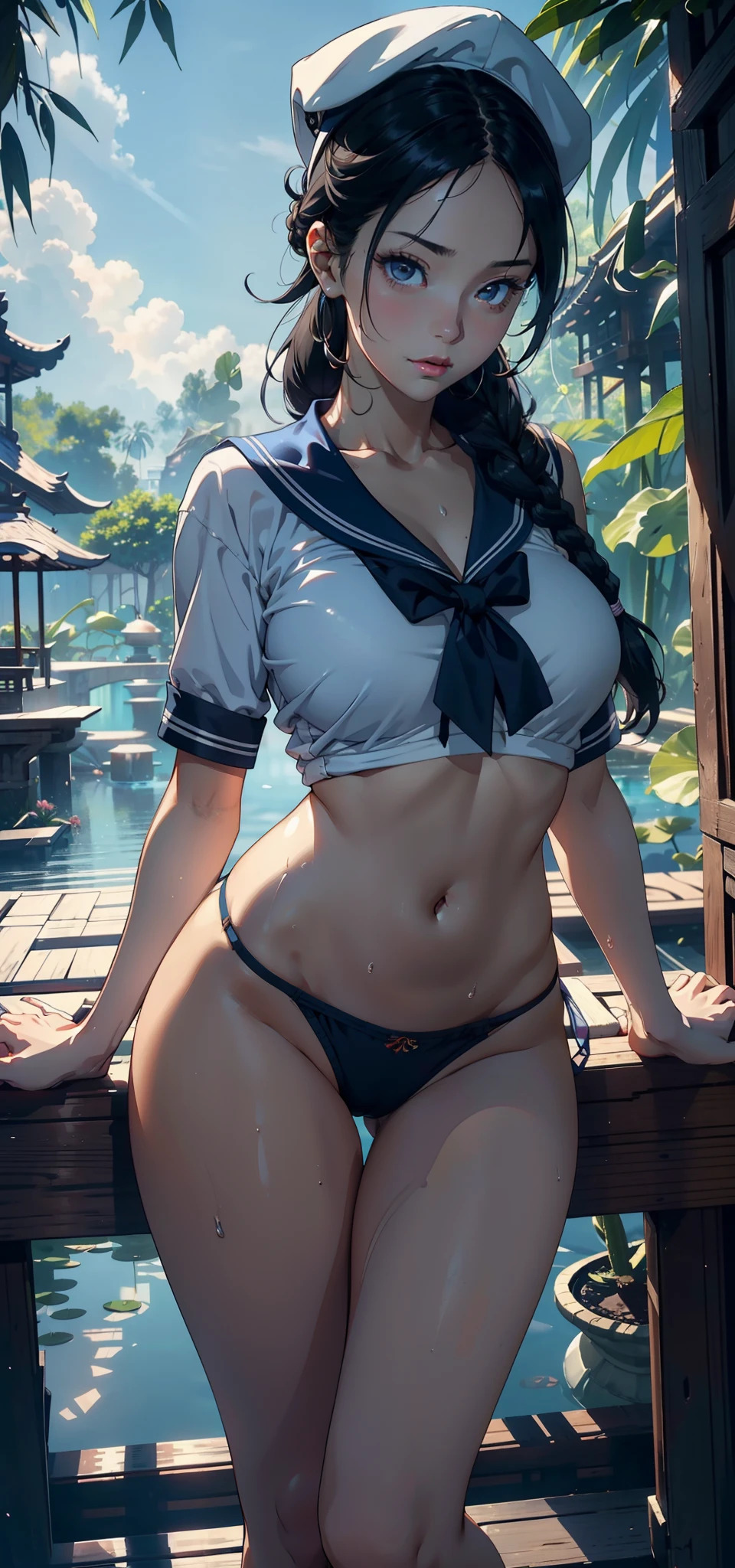 1female，35yo，熟妇，long leges，Big breasts Thin waist，Slim，huge-breasted ，Pornographic exposure， 独奏，（Background with：bamboo forrest，lotuses，lotus flower，exteriors，Lotus pond） She has short black hair，Twist braids，standing on your feet，Sweat profusely，drenched all over the body，seen from the front， hair straight， mostly cloudy sky，（（（tmasterpiece），（Very detailed CG unity 8K wallpaper），best qualtiy，cinmatic lighting，detailed back ground，beatiful detailed eyes，Bright pupils，Black eyes，（Very fine and beautiful），（Beautiful and detailed eye description），ultra - detailed，tmasterpiece，）），facing at camera，A high resolution，ultra - detailed），revealing breasts，Bare genitalia，  Bulge，legs are open，Raised sexy，Camel toes，Flushed complexion，Open-mouthed，frontage，Sailor's cap（Wearing：Blue sailor uniform，athletic sneakers）Full body photo，Show shoes