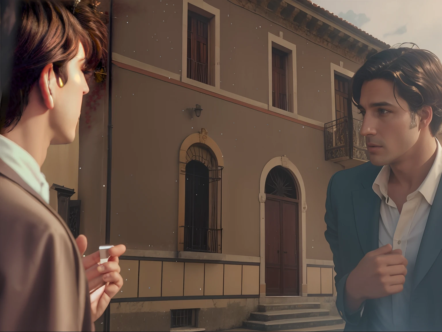 There's a man outside a building talking to another man, Ainda de L'Estate, Motor irreal. retro film still, filme fotorrealista ainda, inspirado em Romano Vio, realista estabelecendo tiro, still from a music video, art nouveau octane render, Photorealistic cinematic, inspirado em Gianfredo Camesi, cinematic movie still, filme muito realista ainda