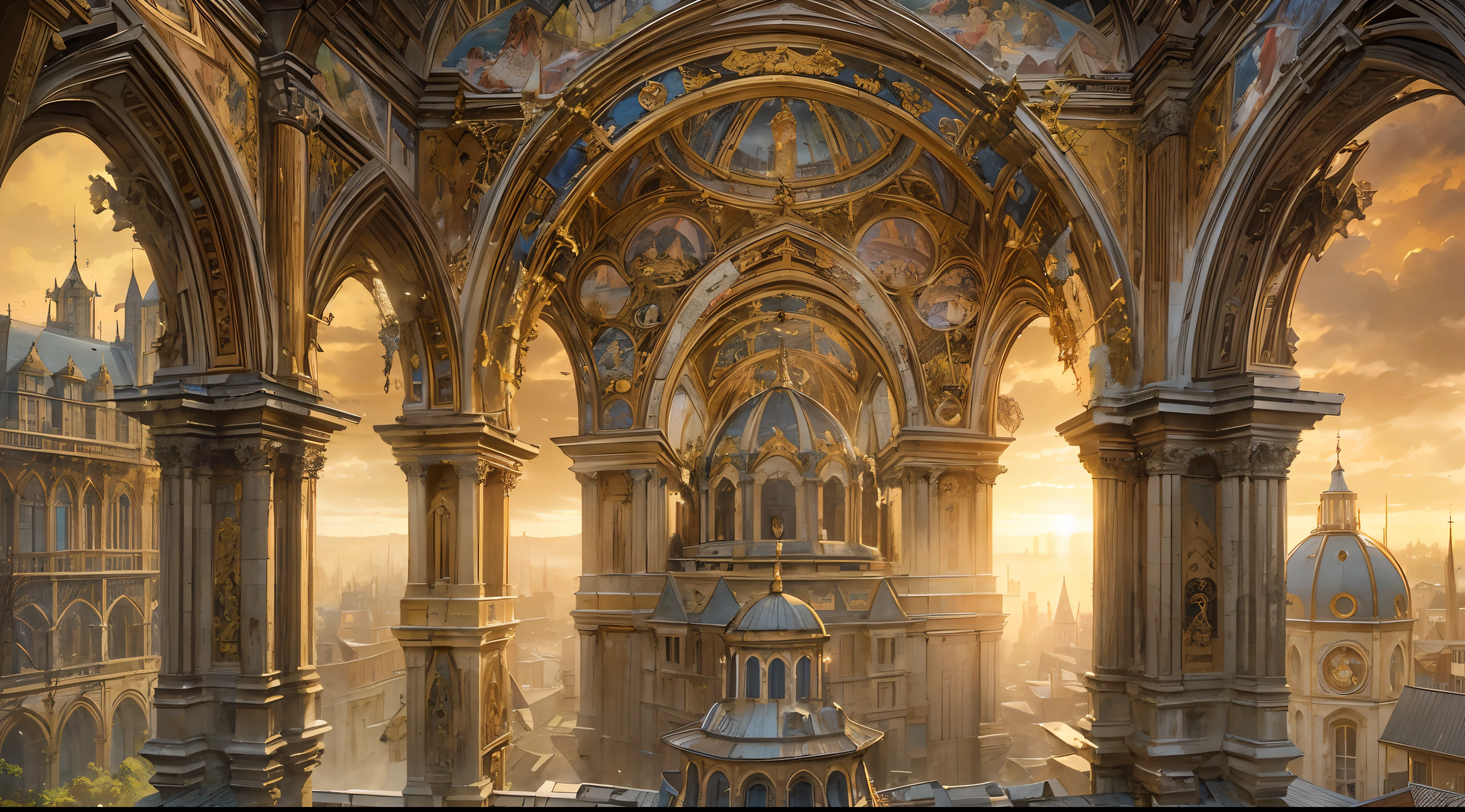 "(by Greg Rutkowski: 1.2), (masterpiece), (best quality), extremely delicate and beautiful, illustration, (fantasy landscape), depth of field, HDR, intricate, delicate, (No human presence), photorealistic depiction, live action feel, creating a visual masterpiece with the best possible quality. Highlighting the fantastic elements of baroque architecture in a medieval city, focusing on a tower in ruins, emphasizing the effects of collapse and severe weathering. Providing a distant view that captures the grandeur and atmosphere."