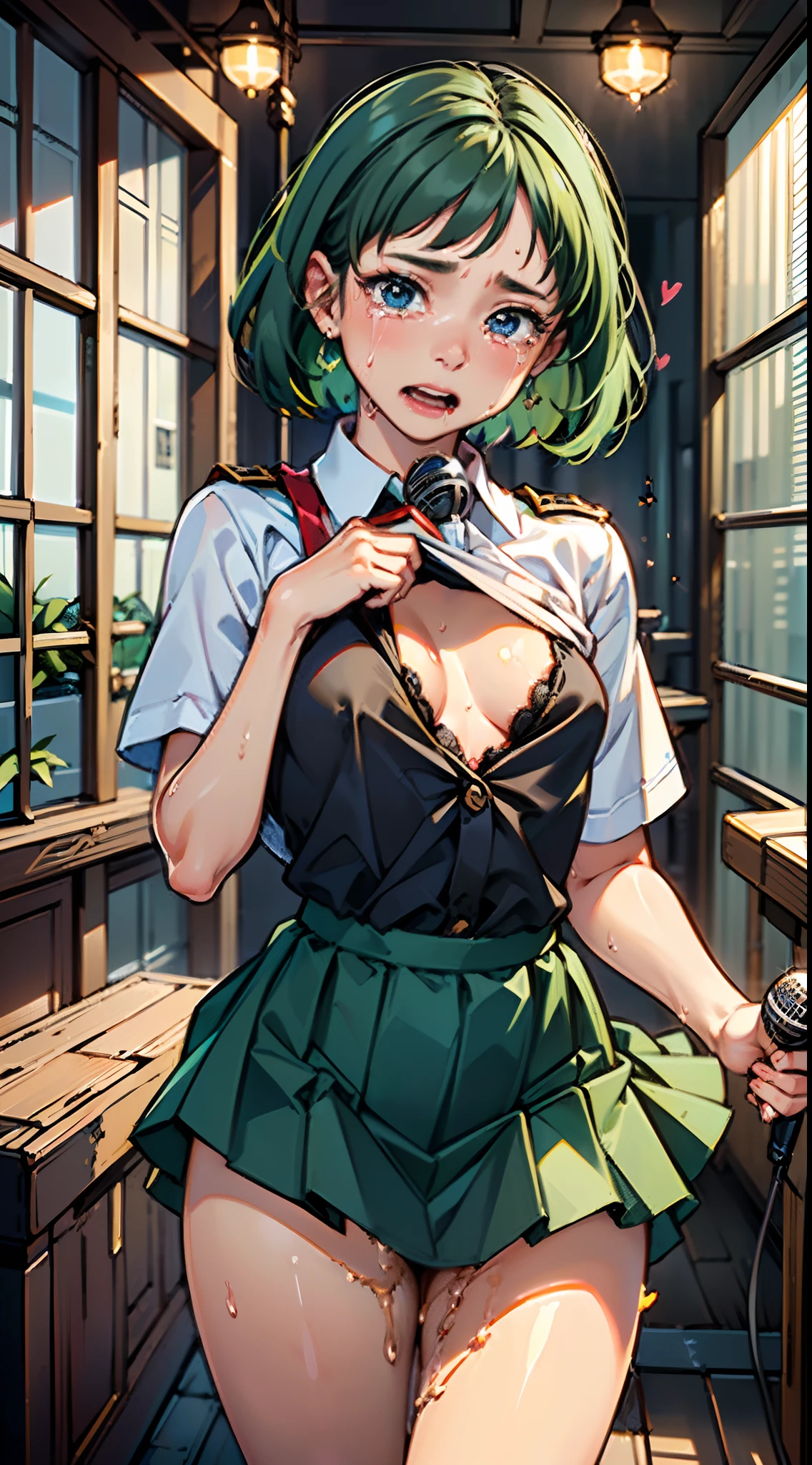 {{{masterpiece}}}, {{{best quality}}}, {{ultra-detailed}}, {illustration}, {{an extremely delicate and beautiful}},(nsf), (Best quality, 8k, 32k, Masterpiece, UHD:1.2),Photo of Pretty Japanese idol girl, top quality, best quality, realistic, unity, 8k wallpaper, official art, extremely detailed wallpaper,(1girls:1.5),(crying:1.5),(sweaty skin:1.3),17yo,Child,black eyes,(blue idol dress uniform:1.3),(take the spotlight:1.1),(stand microphone:1.9),(sing:1.7),(very short bob hair:1.3),(Green hair:1.3),earrings,looking at viewer,(high detailed skin),realistic body,(small breasts:1.4),cute girl,no makeup, famous japanese idol,(standing),(low view:1.2),(lift shirt:1.6),(skirt lift by myself:1.6),(show off panties:1.3),(no bra:1.3),(no panties:1.3),(love juice:1.7),(looking at viewer:1.1),(idle stage :1.5),(lots of customers:1.5)