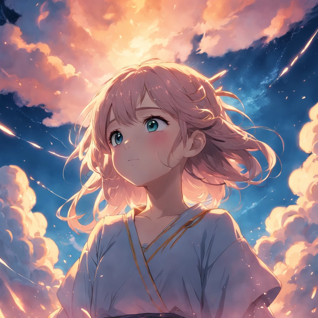 masterpiece, best quality, movie still, 1girl, cloud girl, floating in the sky, close-up, bright, happy, warm soft lighting, sunset, (sparks:0.7)
