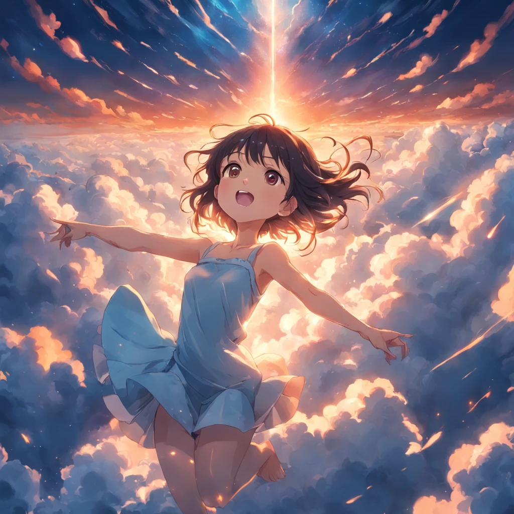 masterpiece, best quality, movie still, 1girl, cloud girl, floating in the sky, close-up, bright, happy, warm soft lighting, sunset, (sparks:0.7)