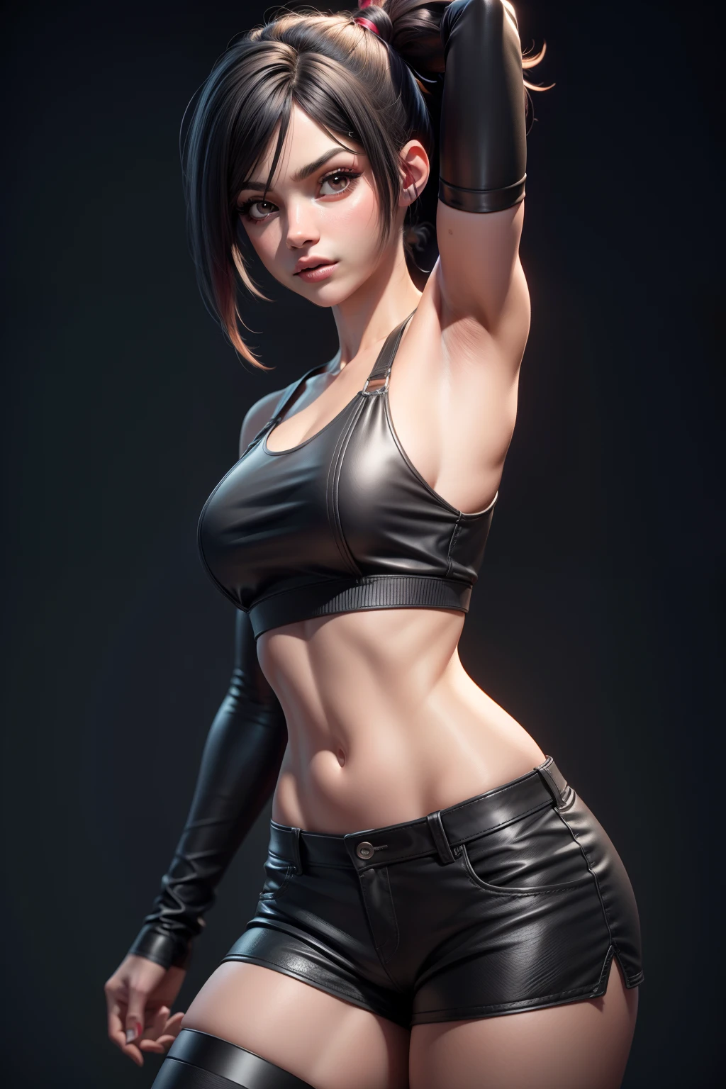 obra-prima, melhor qualidade, trabalho de rending 3d, estilo 3DMM, close-up, retrato, 3D, 1girl, 1girl, solo, linda militar ajoelhada de quatro de costas para o espectador, no campo de batalha, cansada, corpo muito sujo, suja de poeira, shorts curto feminino, com as roupas rasgadas, retalhos de roupa, suor, corpo suado, gotas de suor pelo corpo, pelos pubianos a mostra, solas sujas, cabelo preto longo, de costas, cabelo preto, realista, Tifa lockhart, (seios enormes: 1.5).