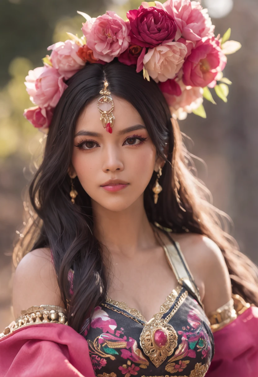 (Masterpiece - Illustrations - Detailed - Best Quality)) - Anime Style - Genshin Impact Style - 1 Woman - Inspired by Mexican Adelitas Full Body - Native Mexican - Aztec - Long Black Hair - Dark Brown Skin - Stunning Look - Traditional Wear Mexican - poncho - pink Mexican skirt - sash at waist and abdomen - closed huaraches - gold bracelets, earrings and necklaces - imposing presence - flower petals in the environment-