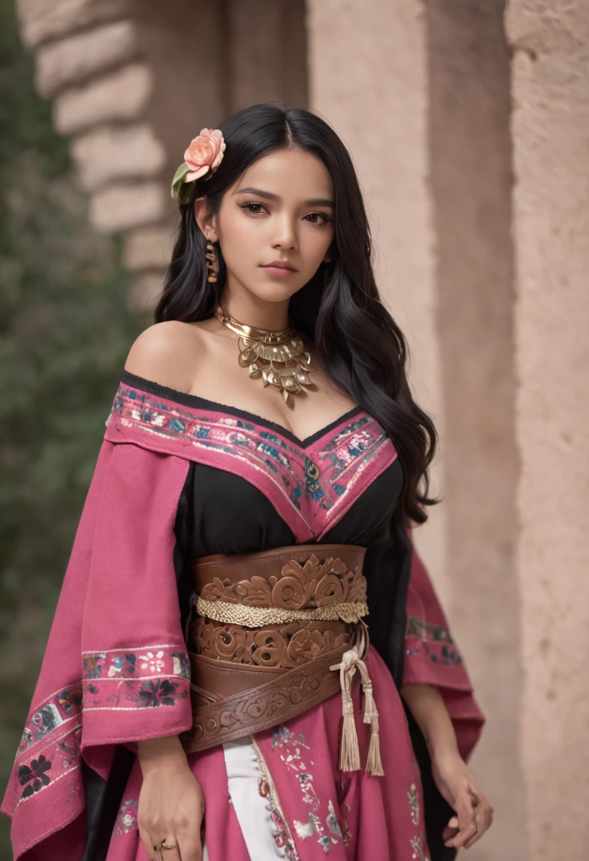 (Masterpiece - Illustrations - Detailed - Best Quality)) - Anime Style - Genshin Impact Style - 1 Woman - Inspired by Mexican Adelitas Full Body - Native Mexican - Aztec - Long Black Hair - Dark Brown Skin - Stunning Look - Traditional Wear Mexican - poncho - pink Mexican skirt - sash at waist and abdomen - closed huaraches - gold bracelets, earrings and necklaces - imposing presence - flower petals in the environment-