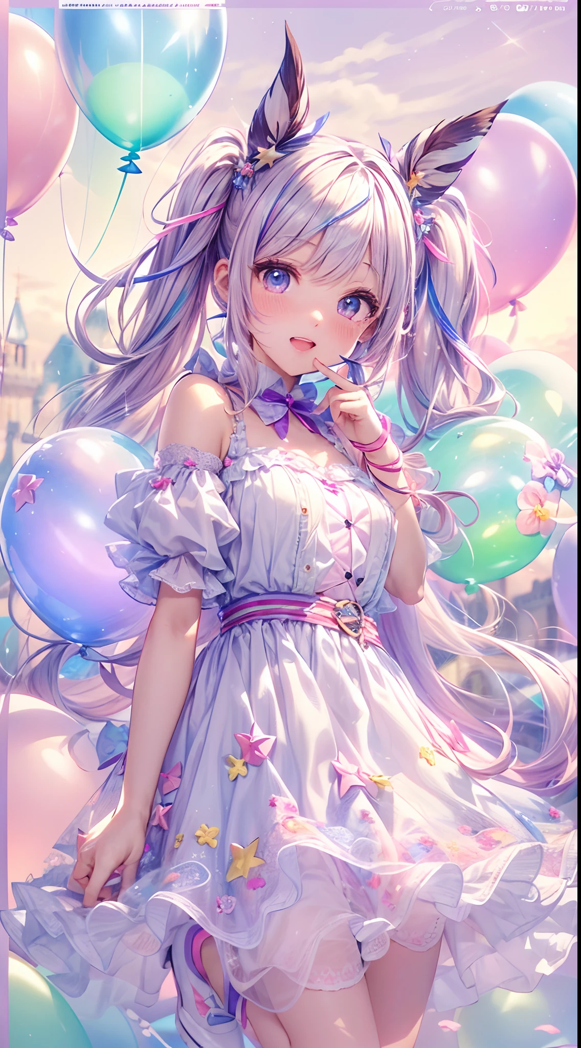 (fullbody, legs and shoes visible: 1.2)) expressive eyes, woman, pale skin, long hair, windblown hair, ((absurdly long hair)), long sidelocks, hime bangs, hair fringe, hair bun, ((very long twintails)), iridescent hair, light pink hair, blushing, full face blushing, big sparkling pastel purple eyes, (gradient eyes), open mouth smile, cute pose, ((holding balloons : 1.3)) 
((cute and pastel fashion)), flowy pastel dress, ((dreamy multicolored open dress)), (floating ribbons), lavender ruffles, pink frills, (light blue lace), detached short sleeves, puffy skirt, ((rainbows and stars print skirt : 1.3)), lolita skirt, purple bows, ((pompon ribbons hair ornament : 1.4)), multiple bows, striped lace stockings, (heart shaped leg garter), cute (pastel purple) shoes ((hyperdetailed clothing and fashion)) looking at you, vintage girl, blushing, (beautiful detailed eyes), (extremely detailed CG unity 8k wallpaper) (best shadow), ((an extremely delicate and beautiful)), (detailed light), ((depth of field)) big head, big sparkling eyes, moe, splash art, cinematic lighting, frontal view, volumetric lighting maximalist photo illustration 64k resolution high res intricately detailed complex key visual precise linear 
((in the dreamy pastel sky background, surrounded by sunset clouds, shooting stars, castles in the clouds)) ((hyperdetailed scenery, foggy clouds, suspended by balloons, hearts : 1.3))