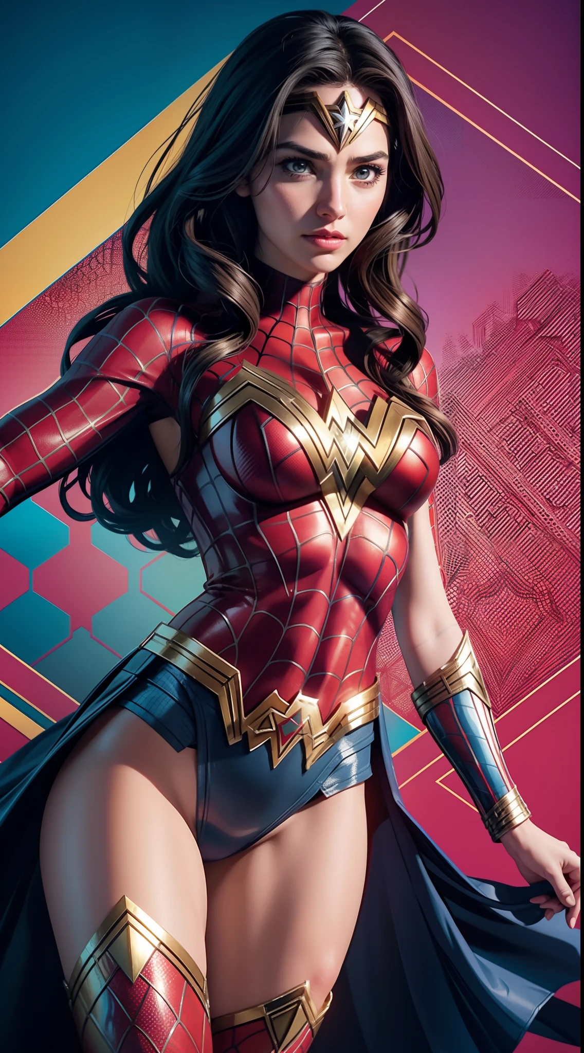 Wonder Woman in the style of Spider-Man, masterpiece, best quality, abstract, psychedelic, neon, (honeycomb pattern), (creative:1.3), sy3, SMM, fantasy00d