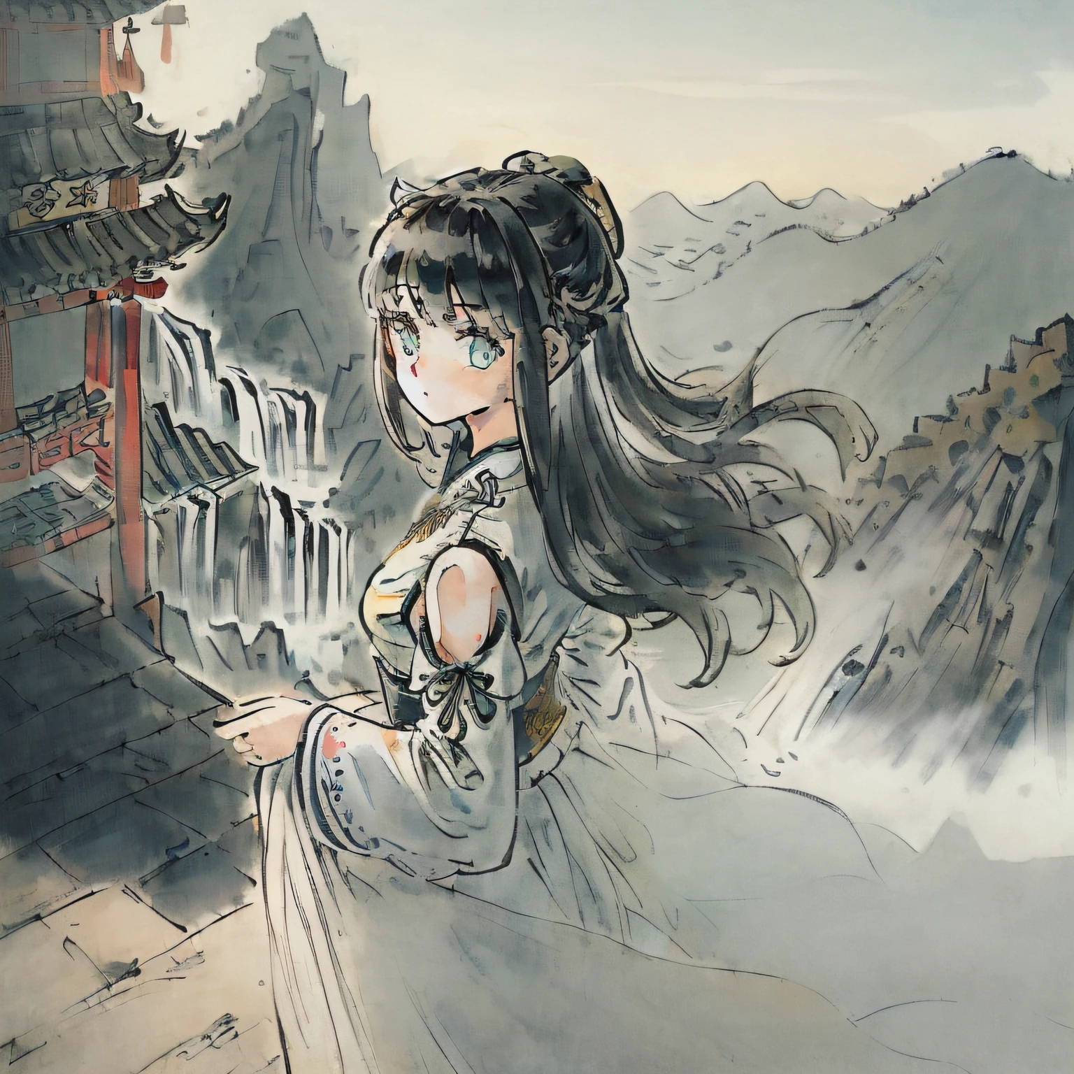 (((masterpiece))),best quality,((illustration)),((((beautiful detailed girl)))),(((extremely detailed CG 8k wallpaper))),((official art)),(1girl:2.5),((solo)),((loli)),((petite)),(((female focus on))),(macro shot:1.5),(focus on face),portrait of girl,The girl is in the center of the frame,(((Close-up of girl))),((long black hair)),(very long hair),(floating hair),((diamond and glaring eyes)),(((beautiful detailed cold face))),handsome,((a cute and anime face)),beautiful eyes,(green eyes),bangs,bare shoulders,(((a girl wears clothes black and white hanfu))),small breasts,(super clothes detailed),((white sleeves)),(((edged hanfu))),black ribbon, wide sleeves,looking_at_viewer,Perfect details,(((gold fringes))),(((armsbehind back))),silk,((sleeves past fingers)),((standing)),(((Ancient palace background))), chinese place on the mountain,(((((chinese style architecture))))) behind the girl,depth of field,beautiful sky,((beautiful cloud)),mountain,((((waterfall)))) from the mountaintop,mist,beautiful and delicate water,((beautiful detailed background)),((((wudang)))),a girl in ((zhangjiajie)),dramatic angle,Chinese classical wooden tower,(Chinese ancient multistoried buildings),colorful,Pine,1girl,handsome