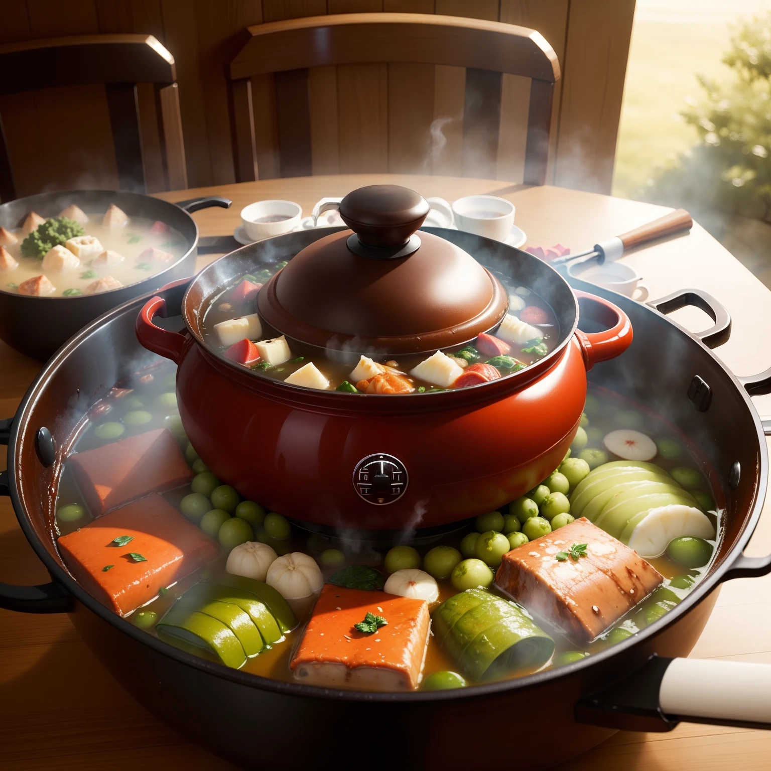 There is a beautiful hot pot on the table,It's boiling