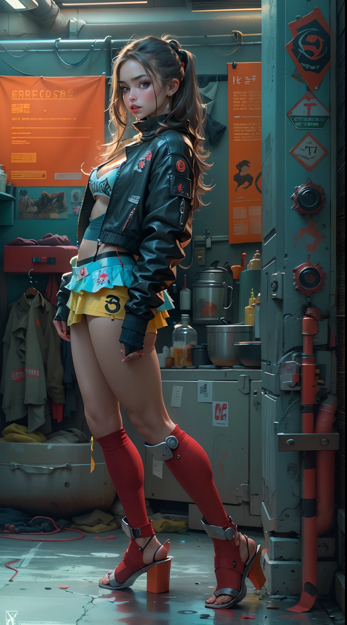 motor irreal:1.4,CG ultra realista 64K, fotorrealista:1.4, textura de la piel:1.4, obra maestra:1.4,Hermosa mujer con lingeries babydoll、Ropa corta estilo cyberpunk color amarillo, pantimedias red , mini skirt blue,