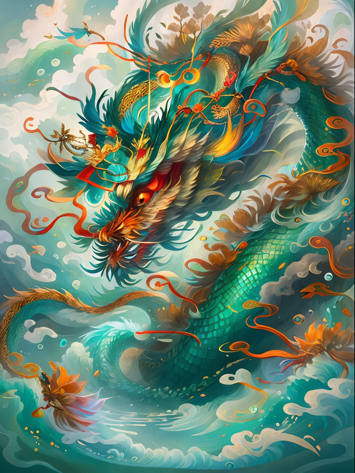 Illustration of dragon and dragon boat in a body of water, A beautiful artwork illustration, intricate fantasy painting, a dragon made of clouds, Majestic Chinese dragon, highly detailed digital artwork, cyan chinese dragon fantasy, Highly detailed digital art, Intricate detail painting, An intricate and colorful masterpiece, china silk 3d dragon, intricate digital painting, Chinese fantasy, Chinese dragon concept art and embroidery style