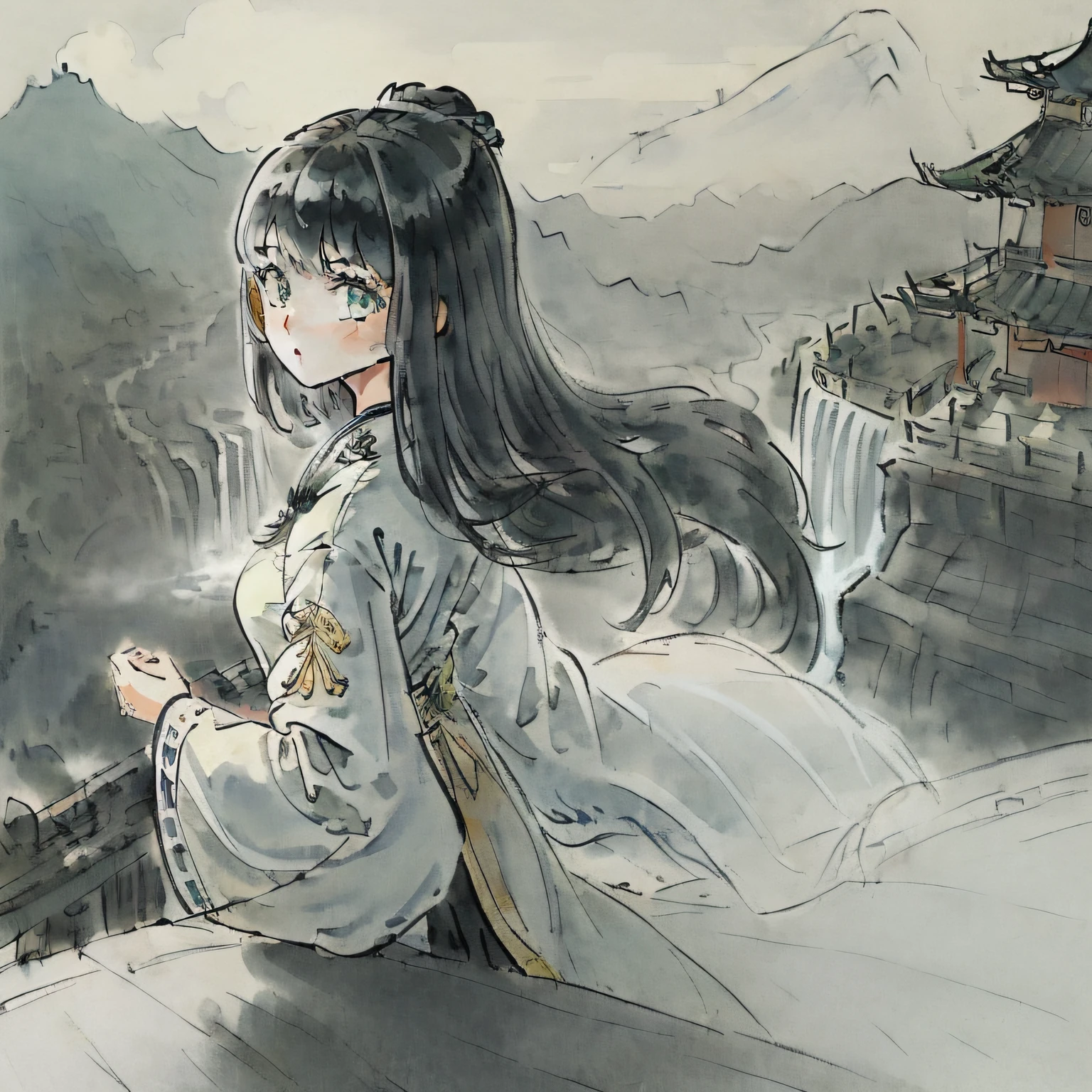 (((masterpiece))),best quality,((illustration)),((((beautiful detailed girl)))),(((extremely detailed CG 8k wallpaper))),((official art)),(1girl:2.5),((solo)),((li)),((petite)),(((female focus on))),(macro shot:1.5),(focus on face),portrait of girl,The girl is in the center of the frame,(((Close-up of girl))),((long black hair)),(very long hair),(floating hair),((diamond and glaring eyes)),(((beautiful detailed cold face))),handsome,((a cute and anime face)),beautiful eyes,(green eyes),bangs,bare shoulders,(((a girl wears clothes black and white hanfu))),small breasts,(super clothes detailed),((white sleeves)),(((edged hanfu))),black ribbon, wide sleeves,looking_at_viewer,Perfect details,(((gold fringes))),(((armsbehind back))),silk,((sleeves past fingers)),((standing)),(((Ancient palace background))), chinese place on the mountain,(((((chinese style architecture))))) behind the girl,depth of field,beautiful sky,((beautiful cloud)),mountain,((((waterfall)))) from the mountaintop,mist,beautiful and delicate water,((beautiful detailed background)),((((wudang)))),a girl in ((zhangjiajie)),dramatic angle,Chinese classical wooden tower,(Chinese ancient multistoried buildings),colorful,Pine,1girl,handsome